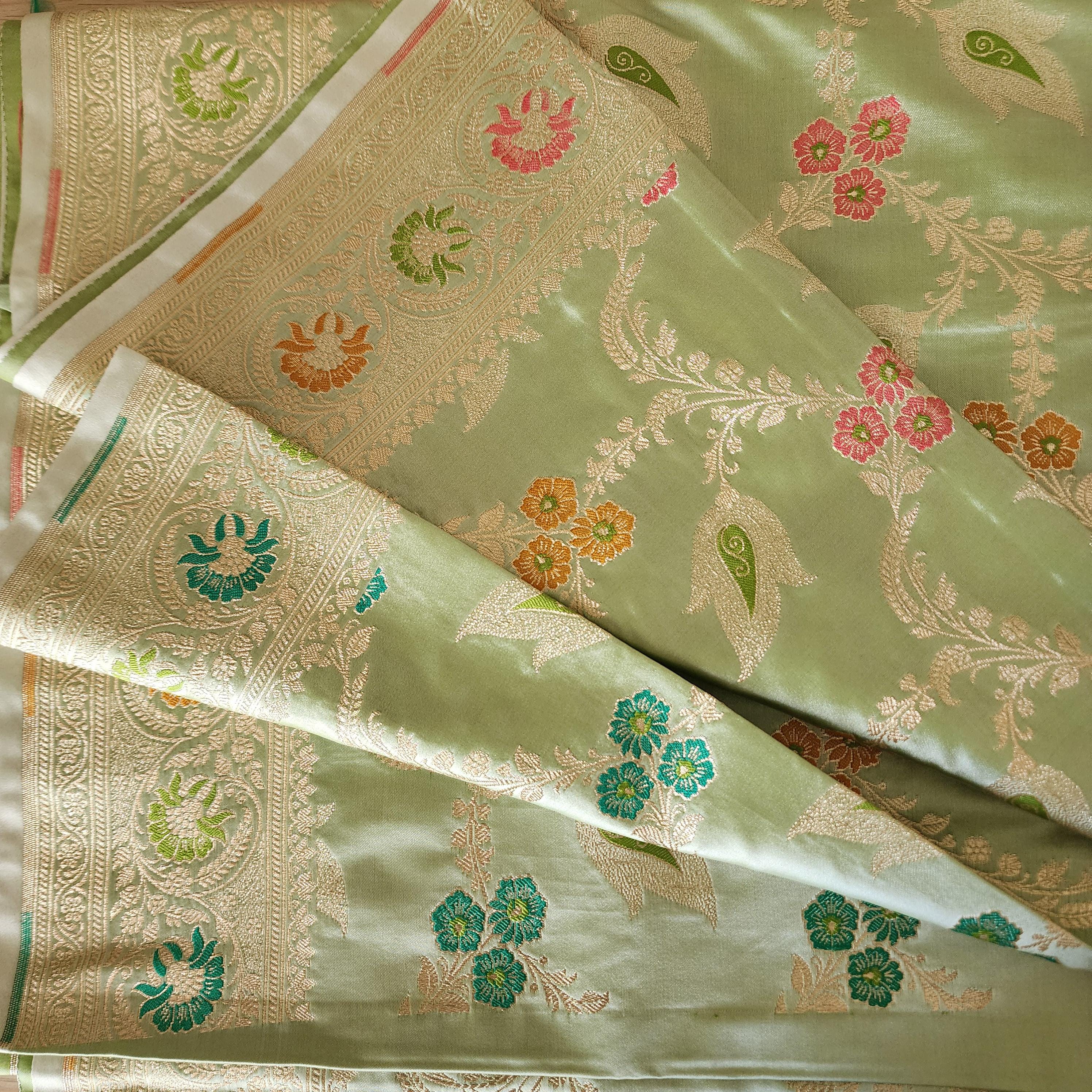 Enriched Green Banarasi Katan Silk Saree with Multicolor Meenakari Floral Jaal