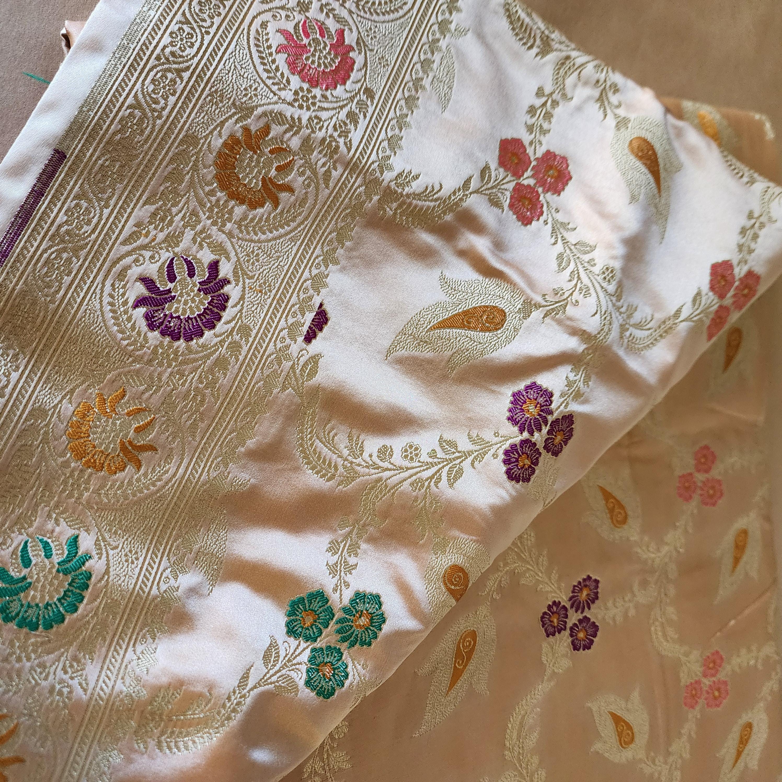 Banarasi Katan Silk Saree | Beige Multicolor Meenakari Floral Jaal