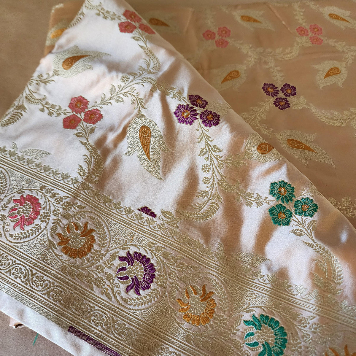 Enriched Beige Banarasi Katan Silk Saree with Multicolor Meenakari Floral Jaal