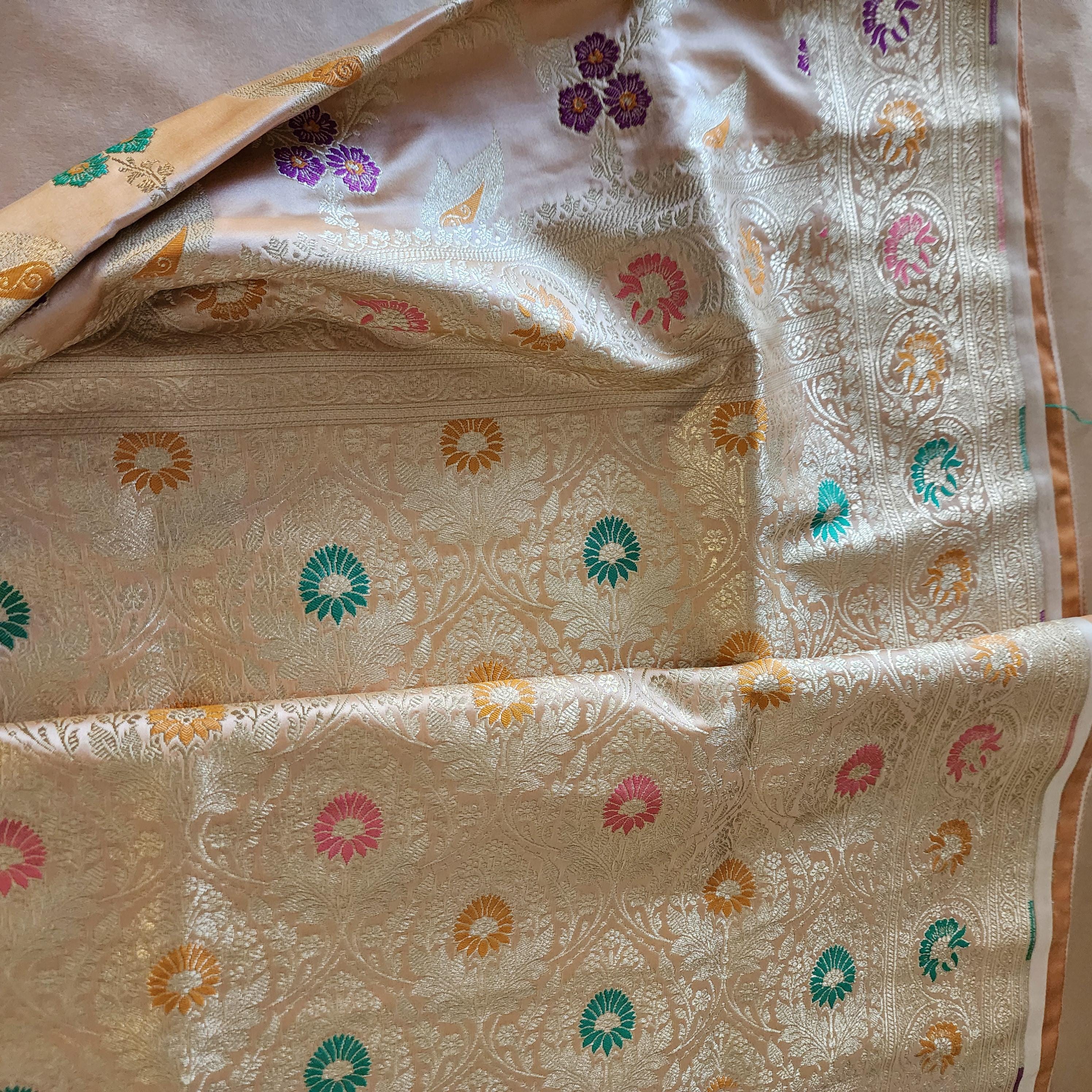 Banarasi Katan Silk Saree | Beige Multicolor Meenakari Floral Jaal