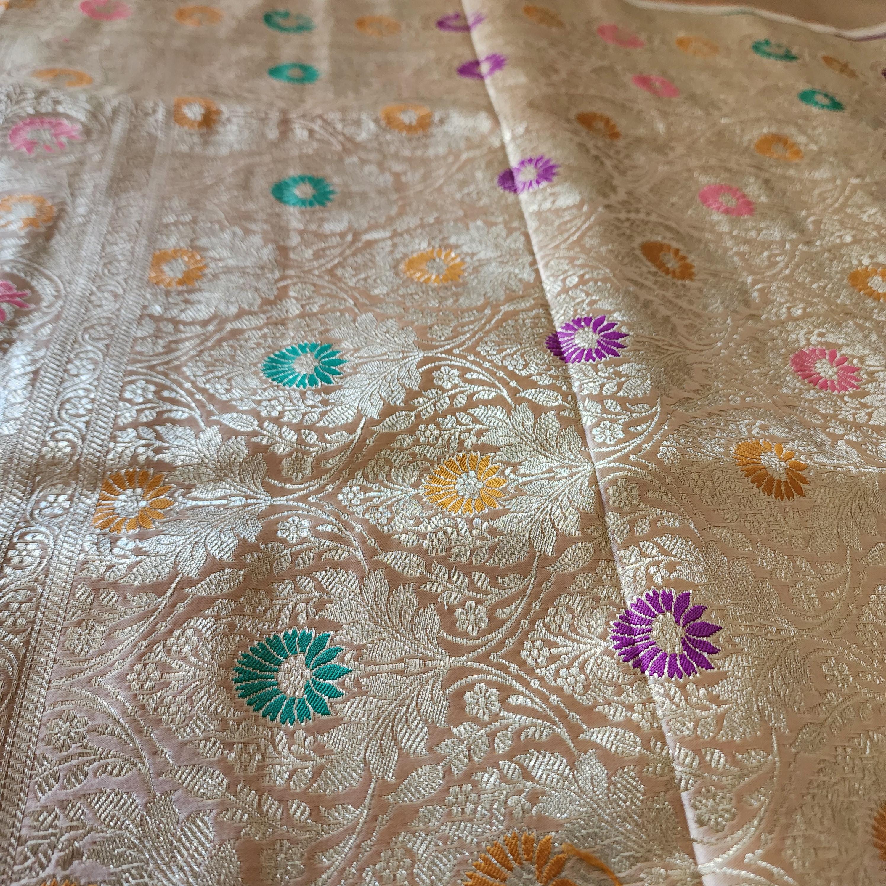 Banarasi Katan Silk Saree | Beige Multicolor Meenakari Floral Jaal