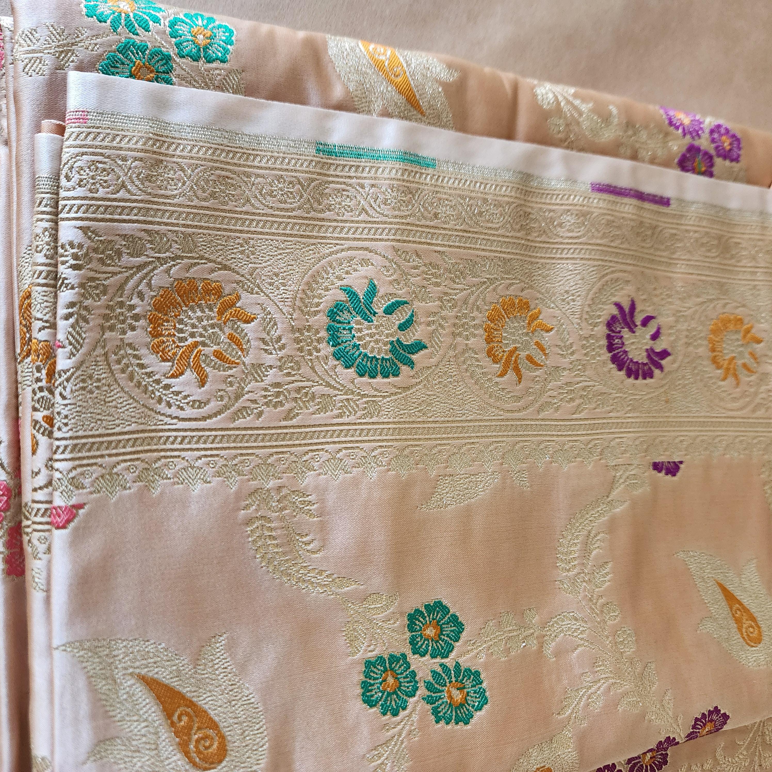 Banarasi Katan Silk Saree | Beige Multicolor Meenakari Floral Jaal