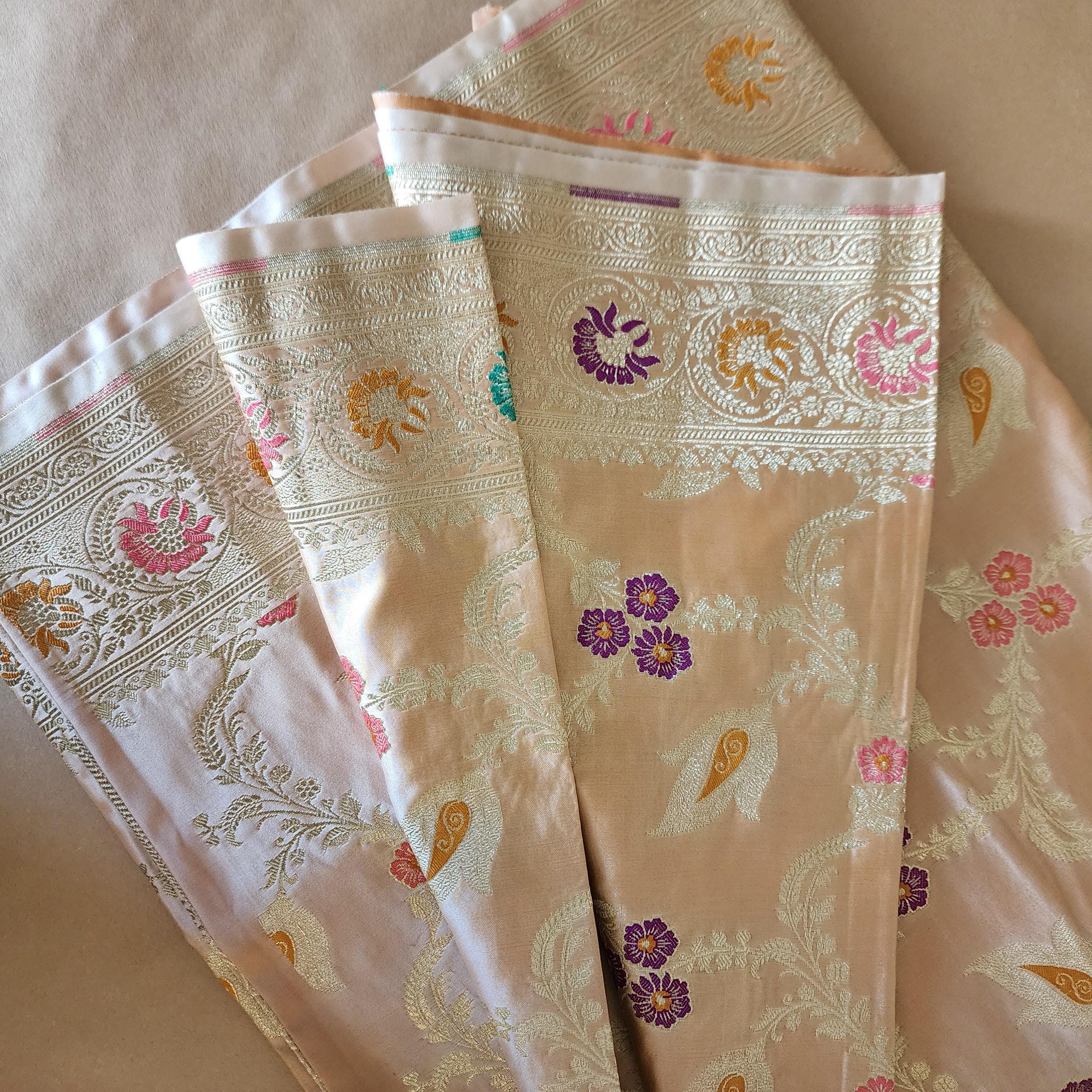 Banarasi Katan Silk Saree | Beige Multicolor Meenakari Floral Jaal