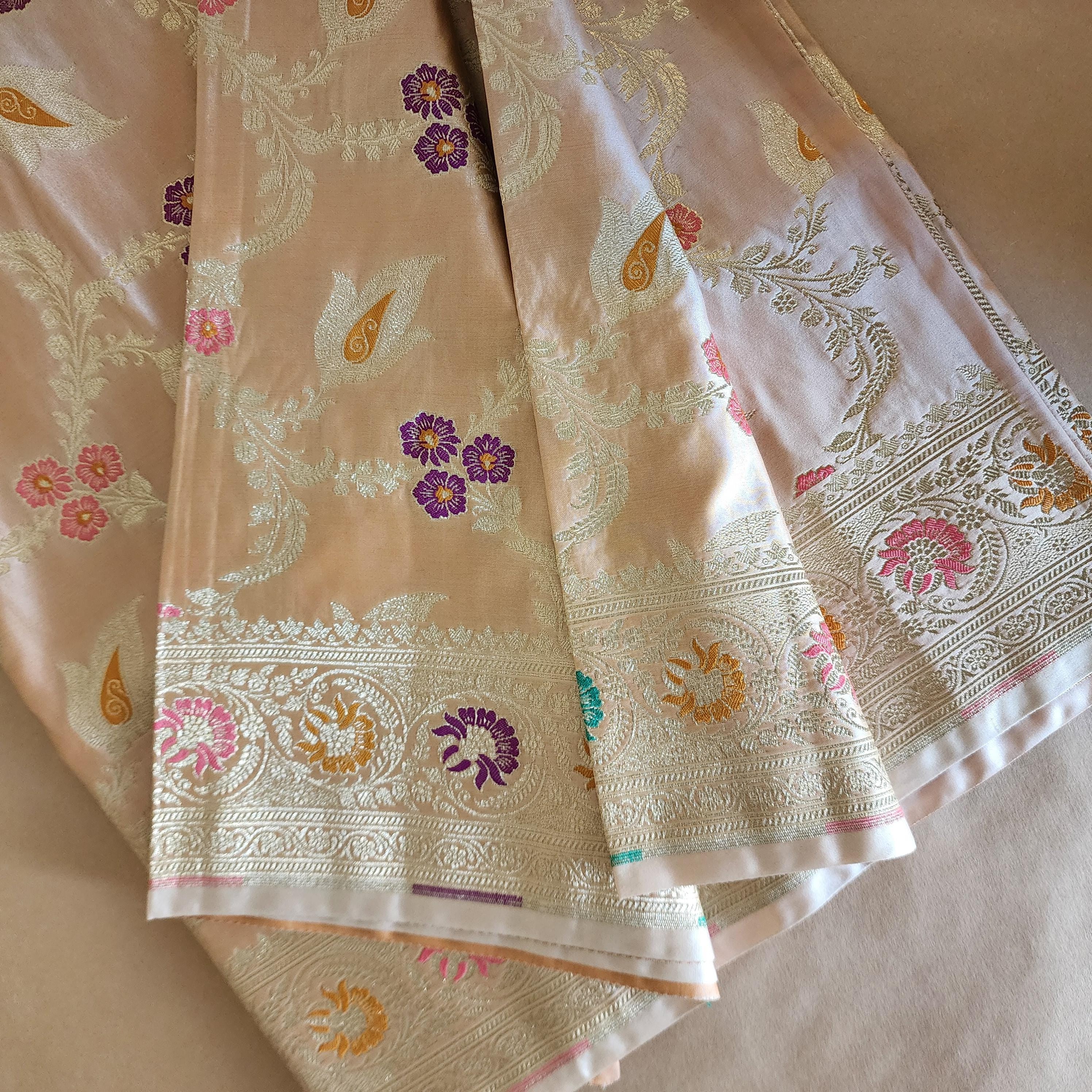 Enriched Beige Banarasi Katan Silk Saree with Multicolor Meenakari Floral Jaal