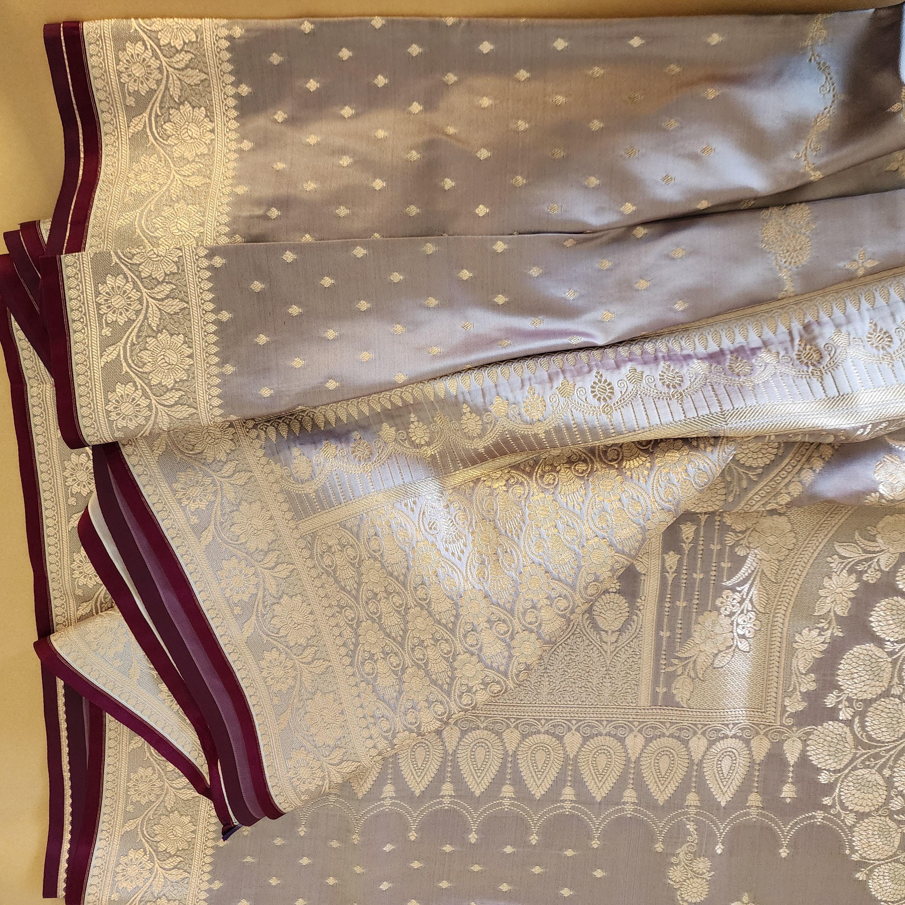 Grayish Purple Banarasi Katan Silk Saree | Light Gold Zari weaving