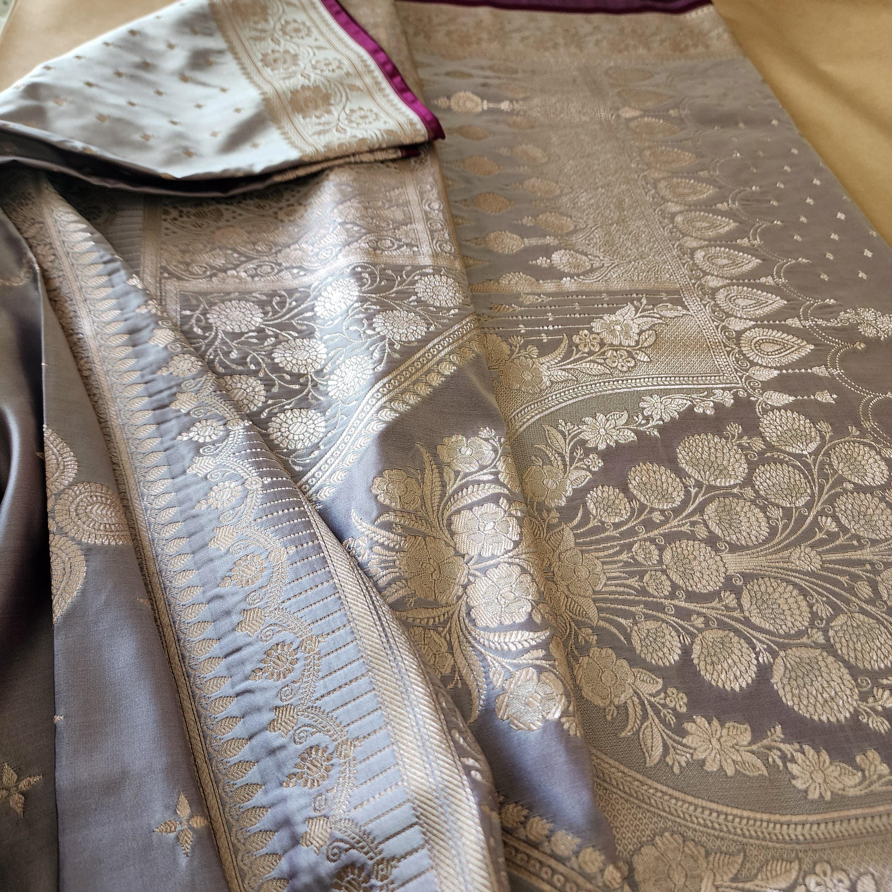 Grayish Purple Banarasi Katan Silk Saree | Light Gold Zari weaving