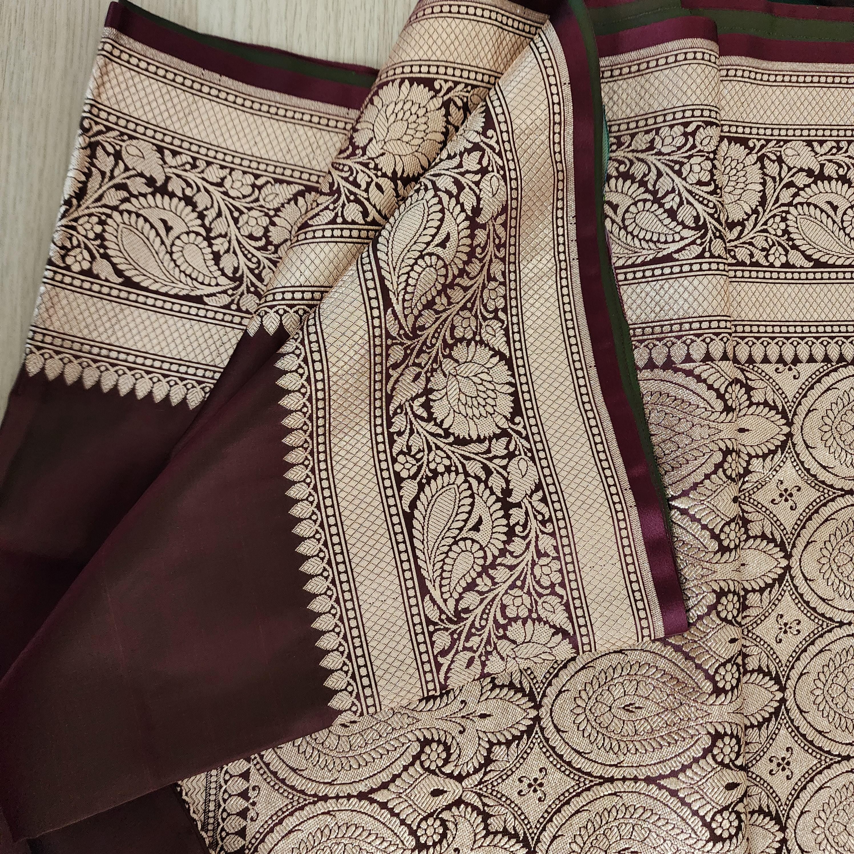 Rich Chocolate Brown Pure Banarasi Katan Silk Saree with light Gold Zari Weaving