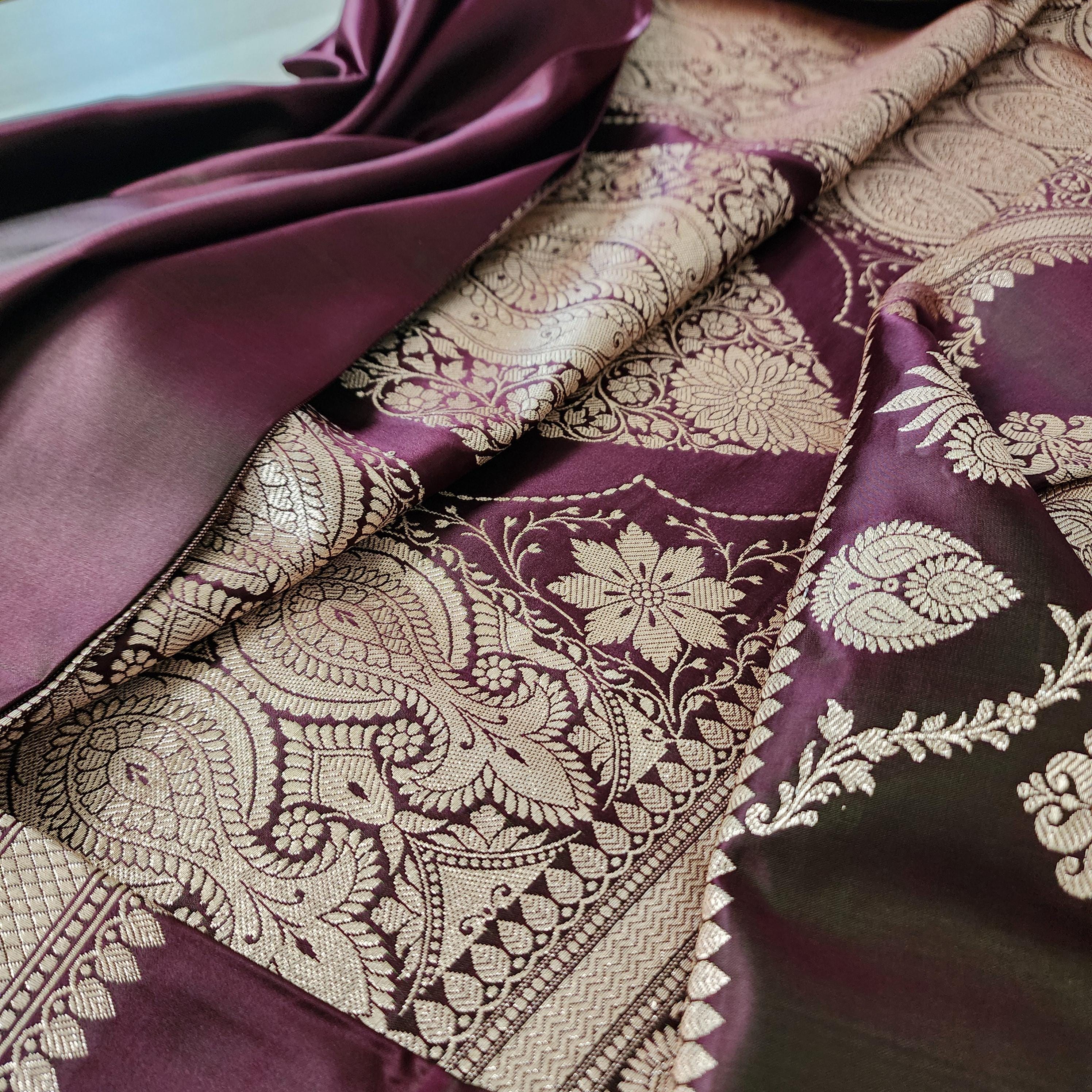 Rich Chocolate Brown Pure Banarasi Katan Silk Saree with light Gold Zari Weaving