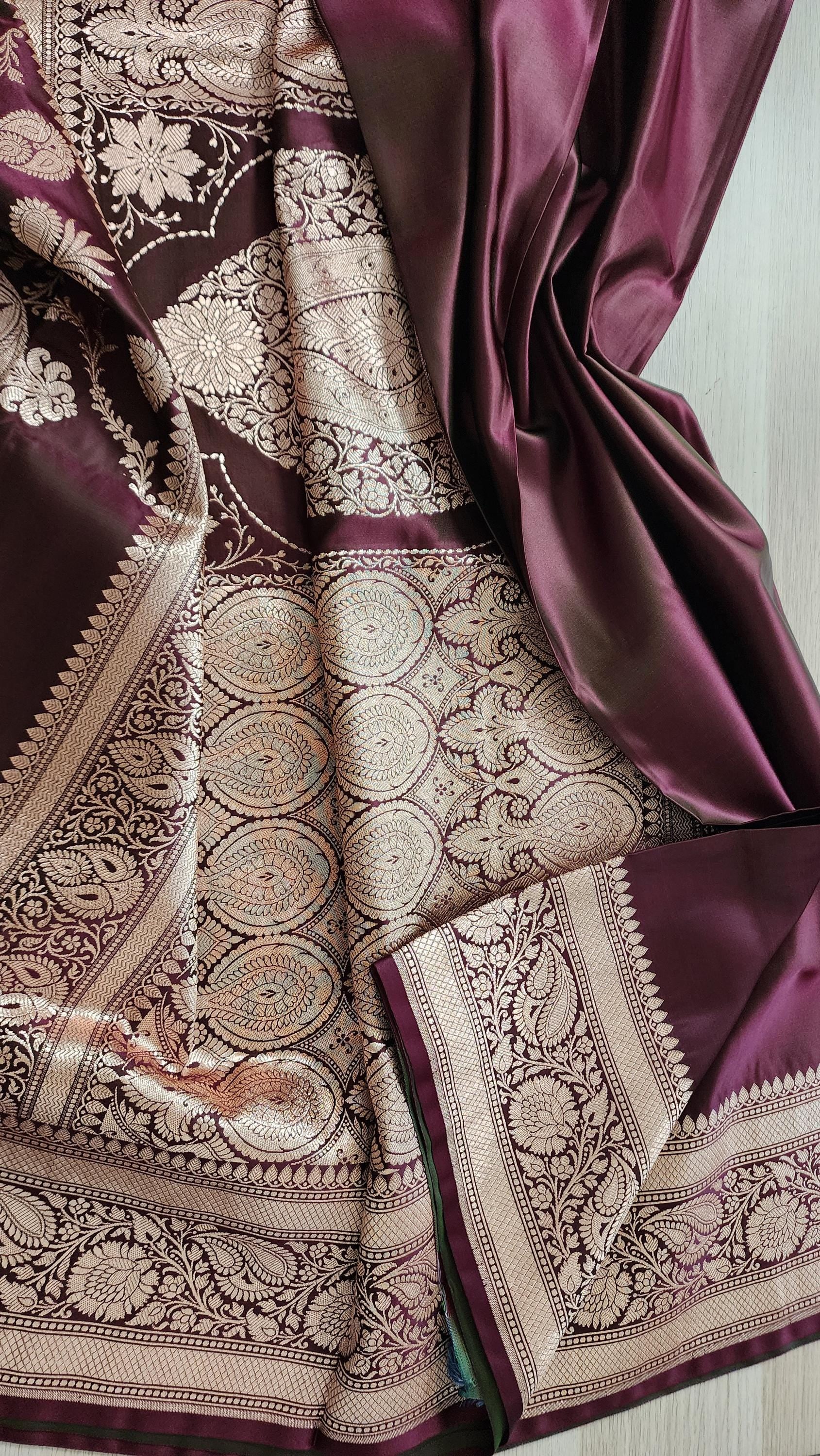 Rich Chocolate Brown Pure Banarasi Katan Silk Saree with light Gold Zari Weaving