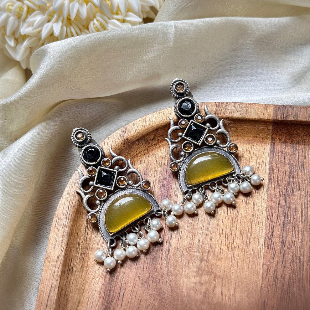 Yellow Stone & Pearl Earrings Minaz | Boho Ethnic Dangle Earrings | Silver Oxidized Jewelry