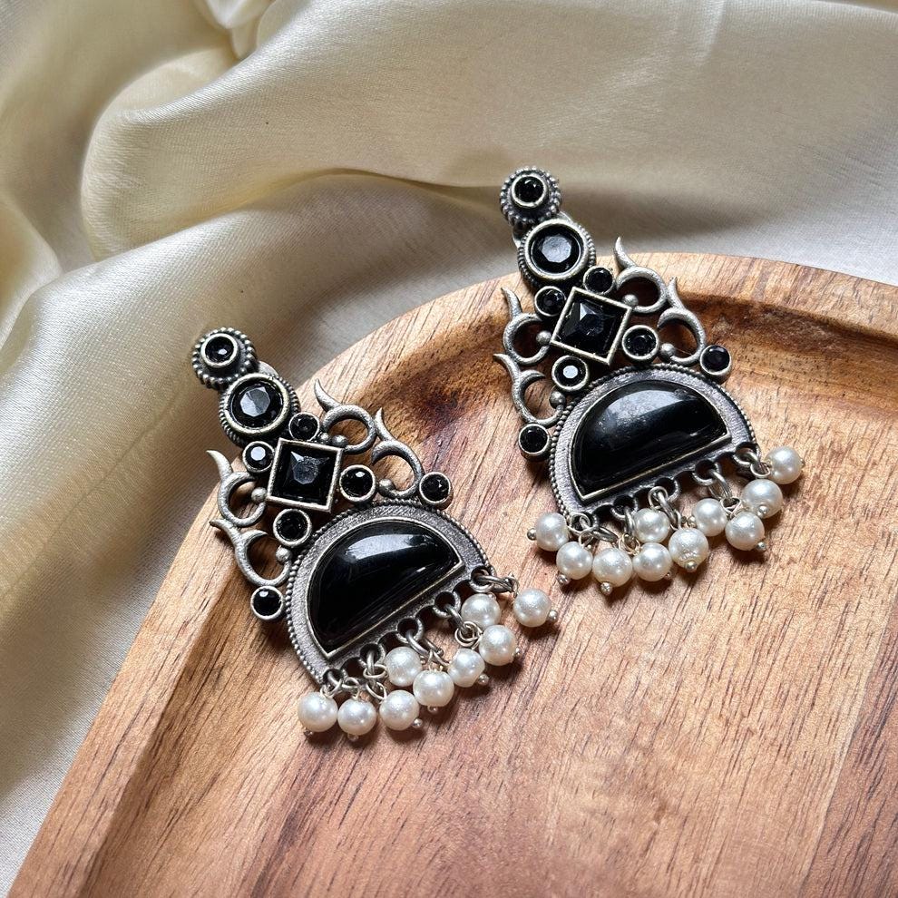 Black Stone & Pearl Earrings Minaz | Handcrafted Silver Oxidized Earrings | Statement Jewelry