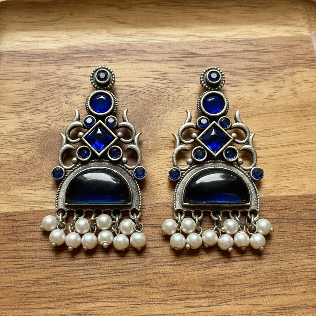 Purple Stone & Pearl Earrings Minaz | Oxidized Silver Statement Earrings | Ethnic Drop Jewelry