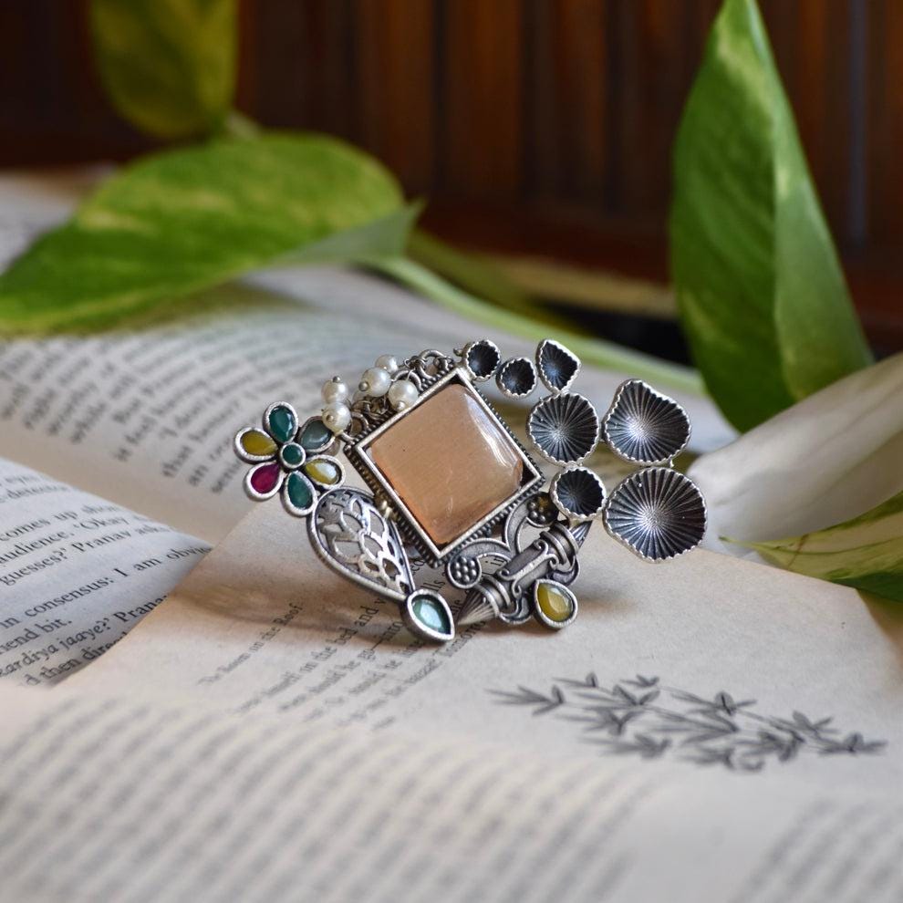 Oxidized Silver Floral Statement Ring | Multicolor Stonework Adjustable Jewelry | Boho Ethnic Style