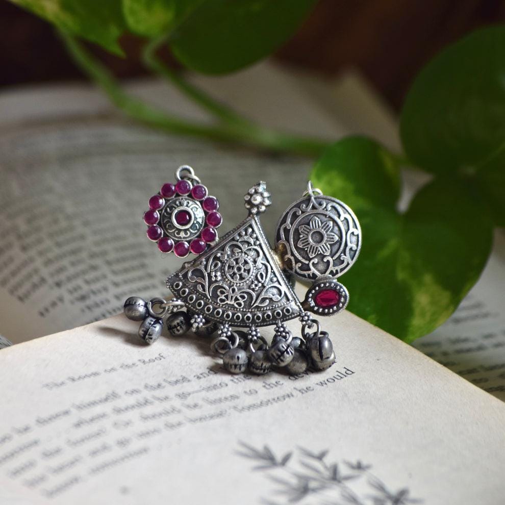 Silver Oxidized Dome Ring | Mirror & Beaded Detail | Handcrafted Indian Boho Adjustable Jewelry