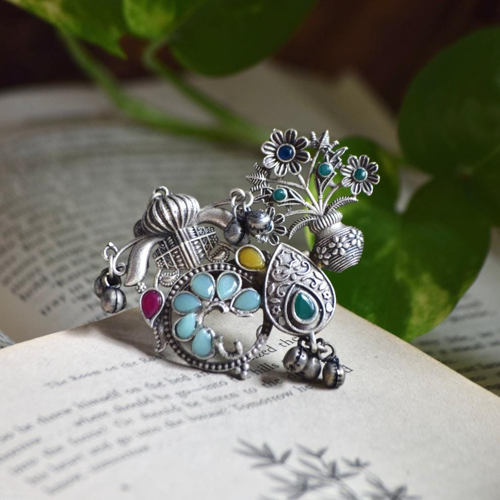 Turquoise Floral Oxidized Silver Ring | Adjustable Statement Jewelry | Multicolor Boho Design