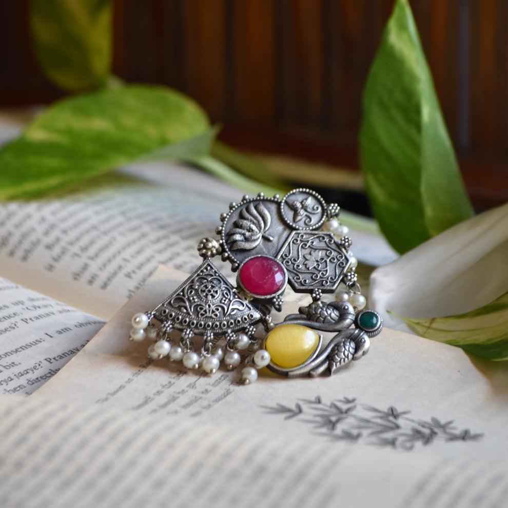 Jhumka Style Oxidized Silver Ring | Red & Yellow Stonework | Statement Bohemian Adjustable Jewelry