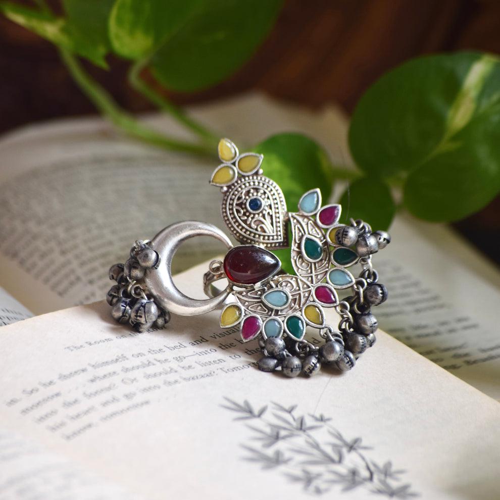 Multicolor Stone Leaf Ring | Handmade Oxidized Silver Jewelry | Adjustable Artistic Statement Design