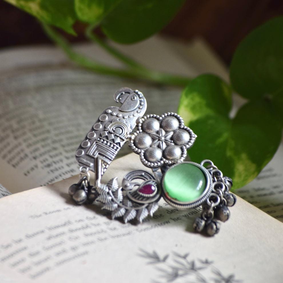 Parrot Design Oxidized Silver Ring | Green Stone Adjustable Jewelry | Handcrafted Boho Accessory