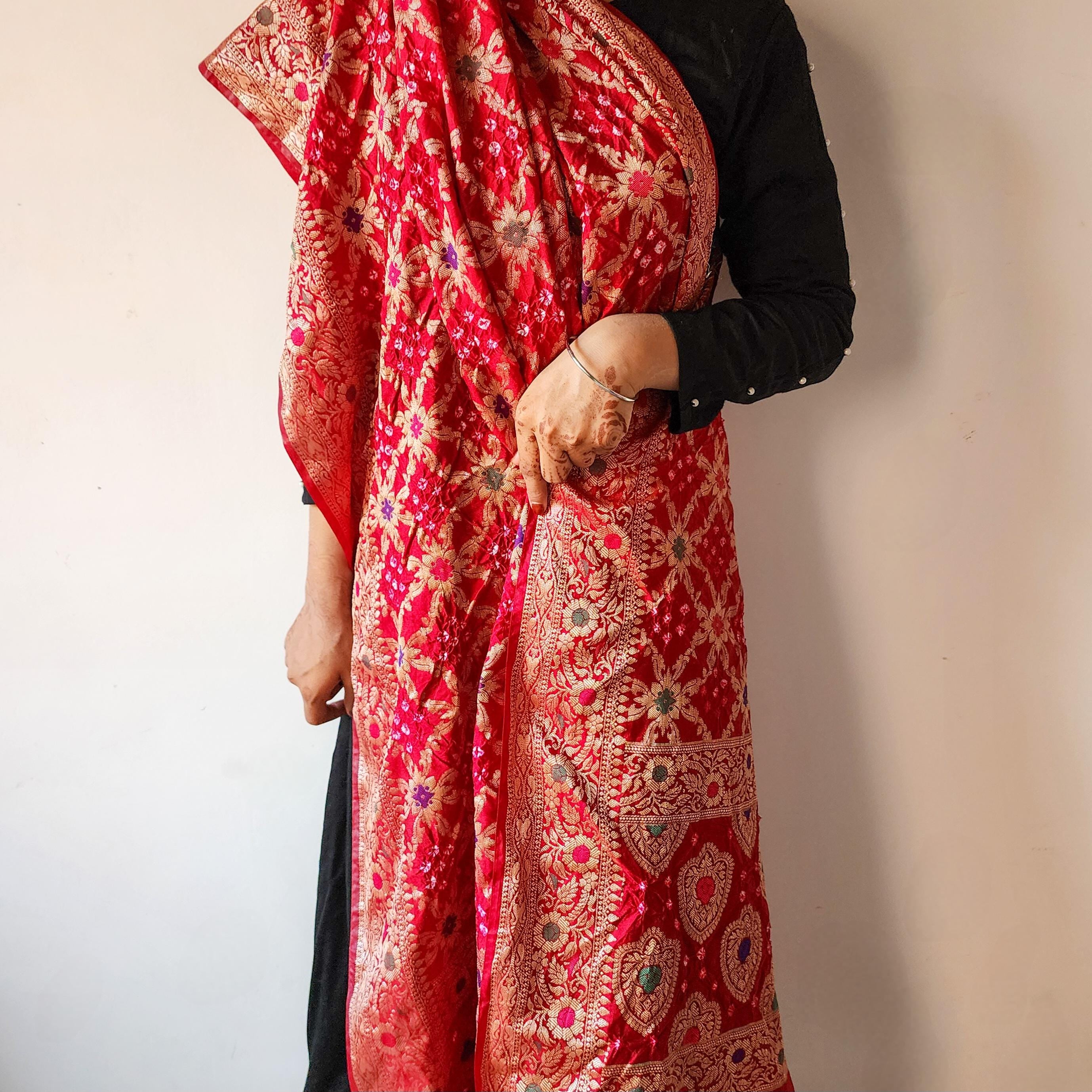 Maroon Red Bandhni dupatta with Banarasi Meenakari work
