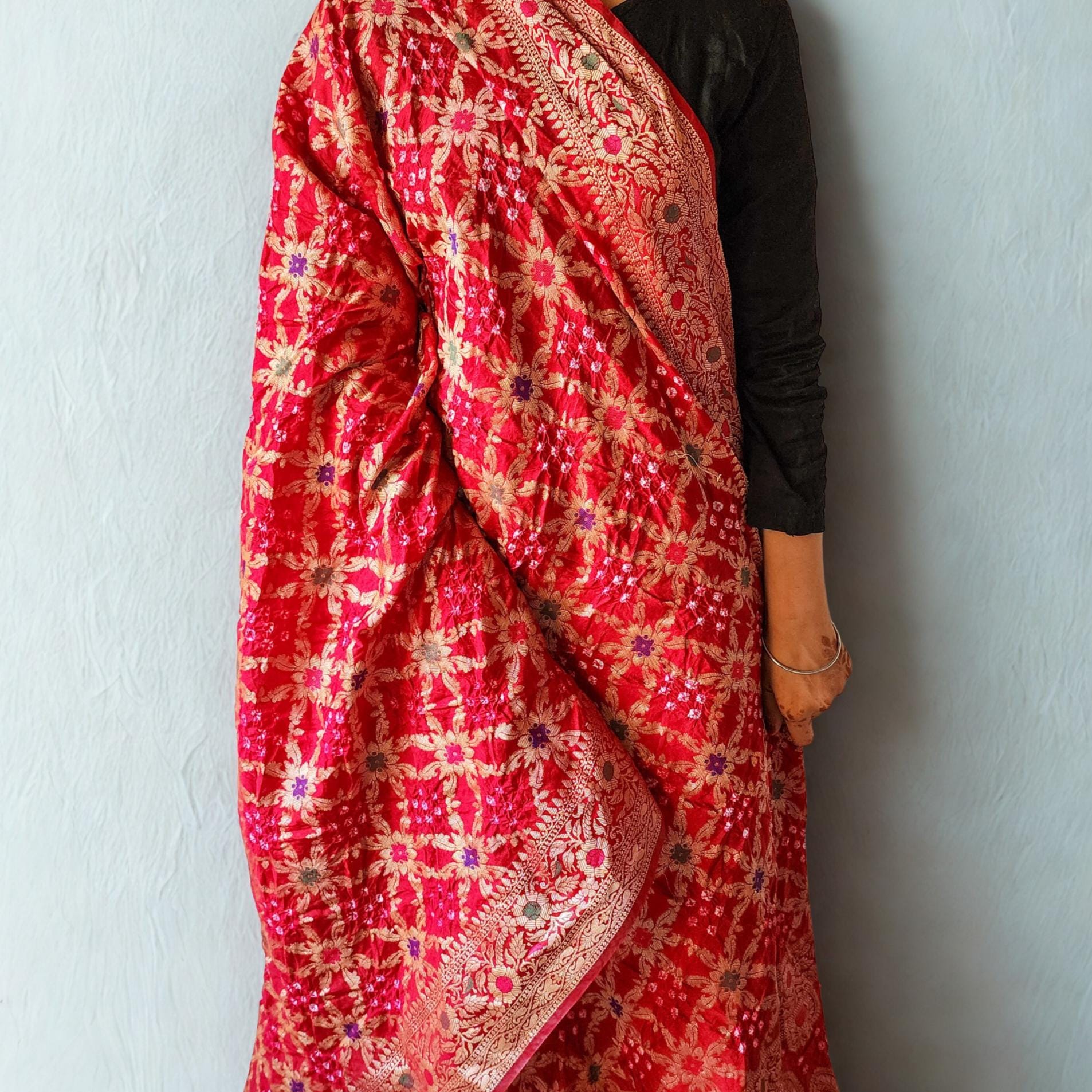 Maroon Red Bandhni dupatta with Banarasi Meenakari work