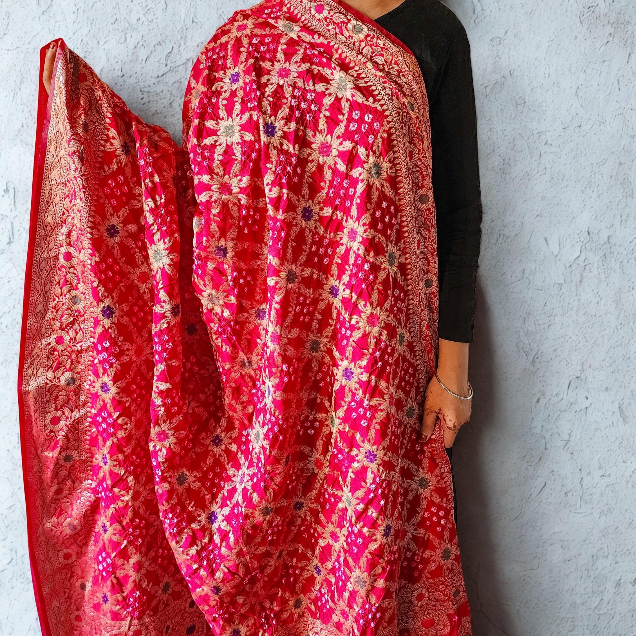 Maroon Red Bandhni dupatta with Banarasi Meenakari work
