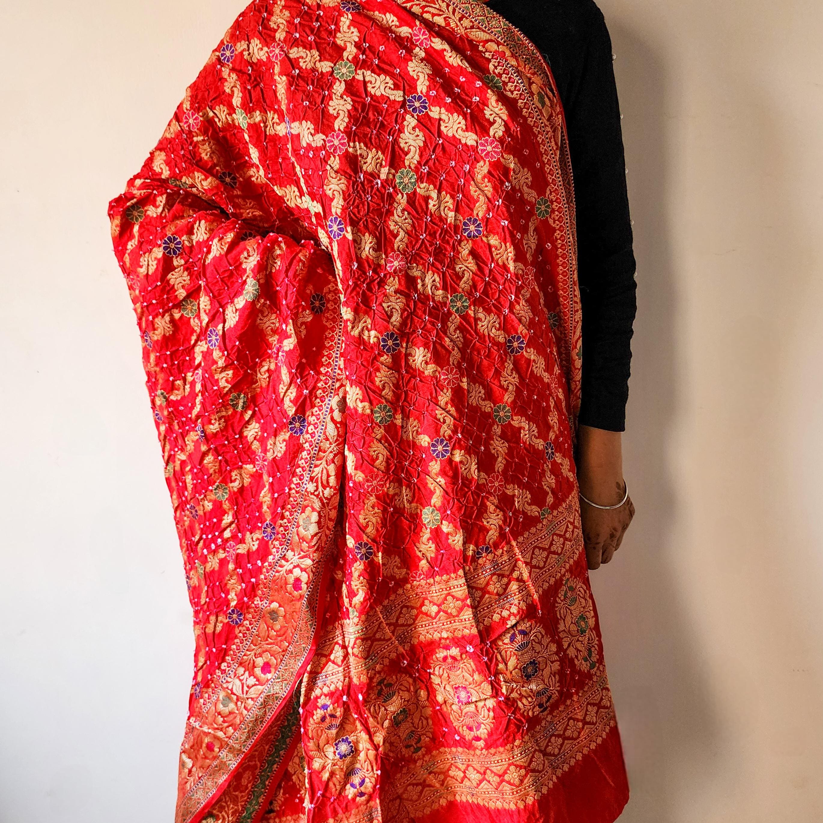 Rich Red Bandhni dupatta with Banarasi Meenakari work
