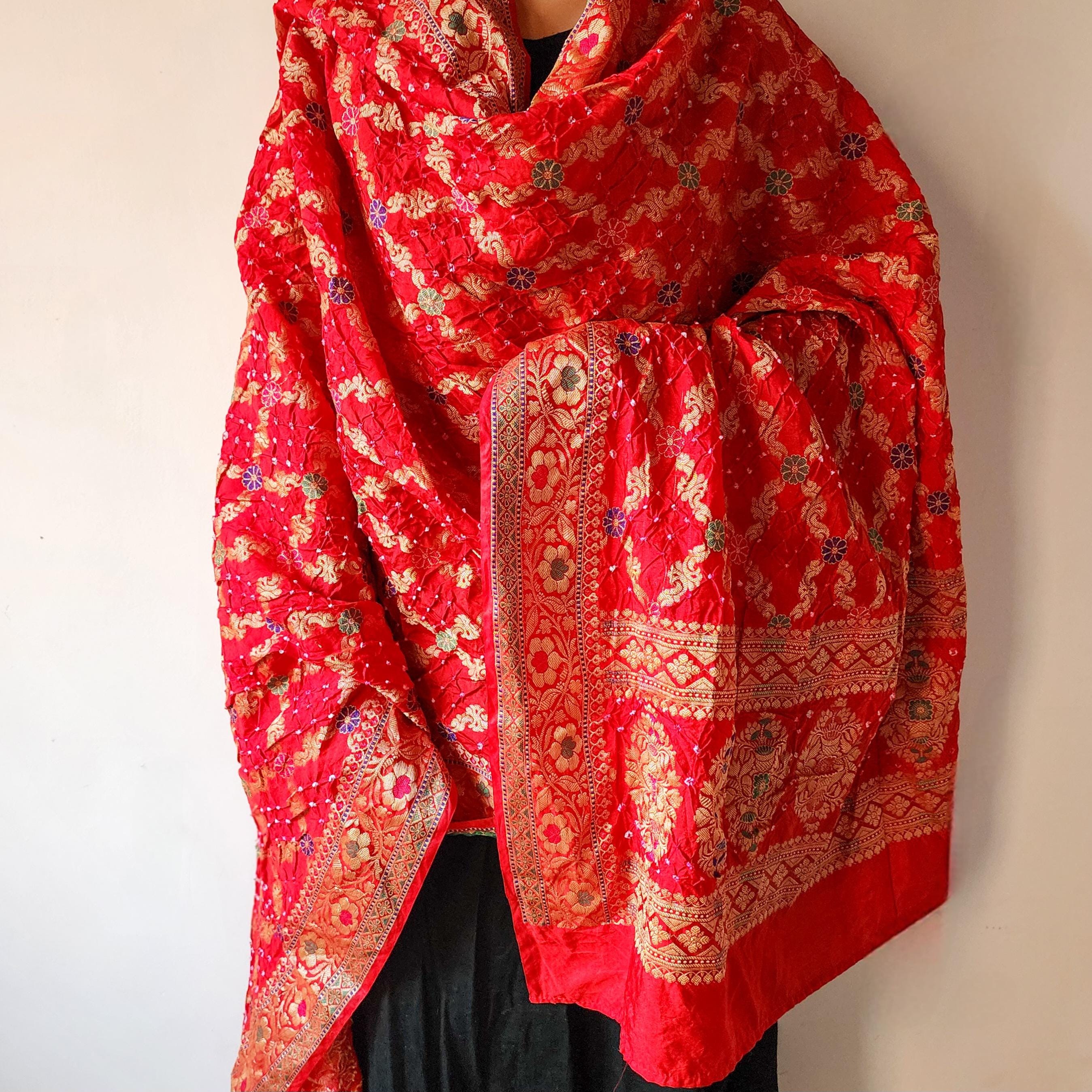 Rich Red Bandhni dupatta with Banarasi Meenakari work