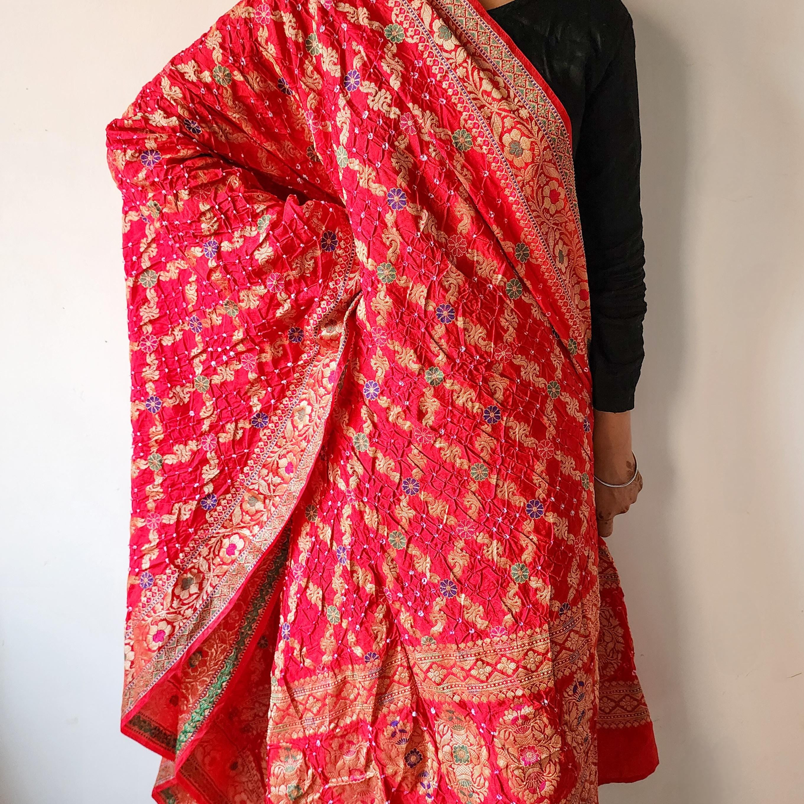 Rich Red Bandhni dupatta with Banarasi Meenakari work