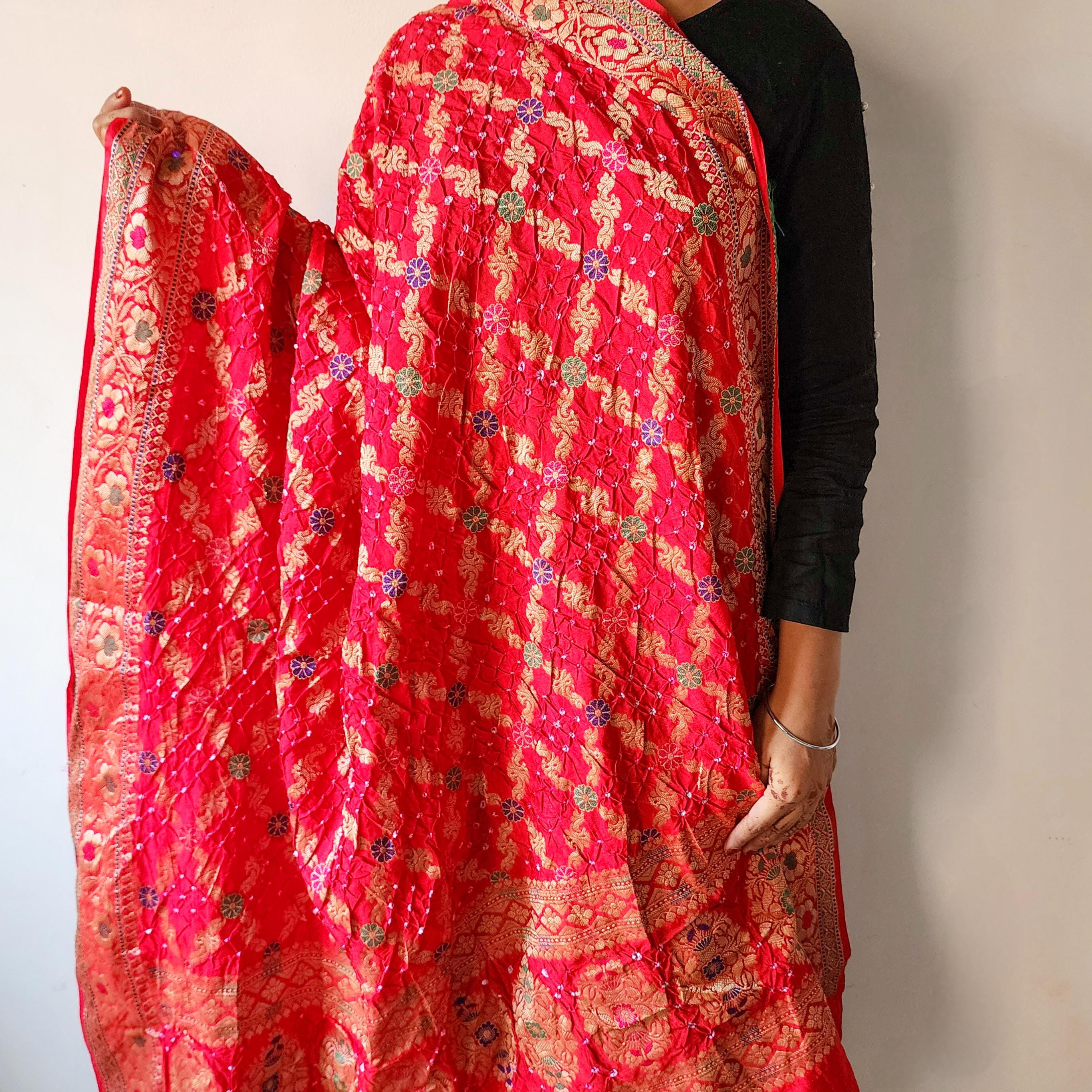 Rich Red Bandhni dupatta with Banarasi Meenakari work