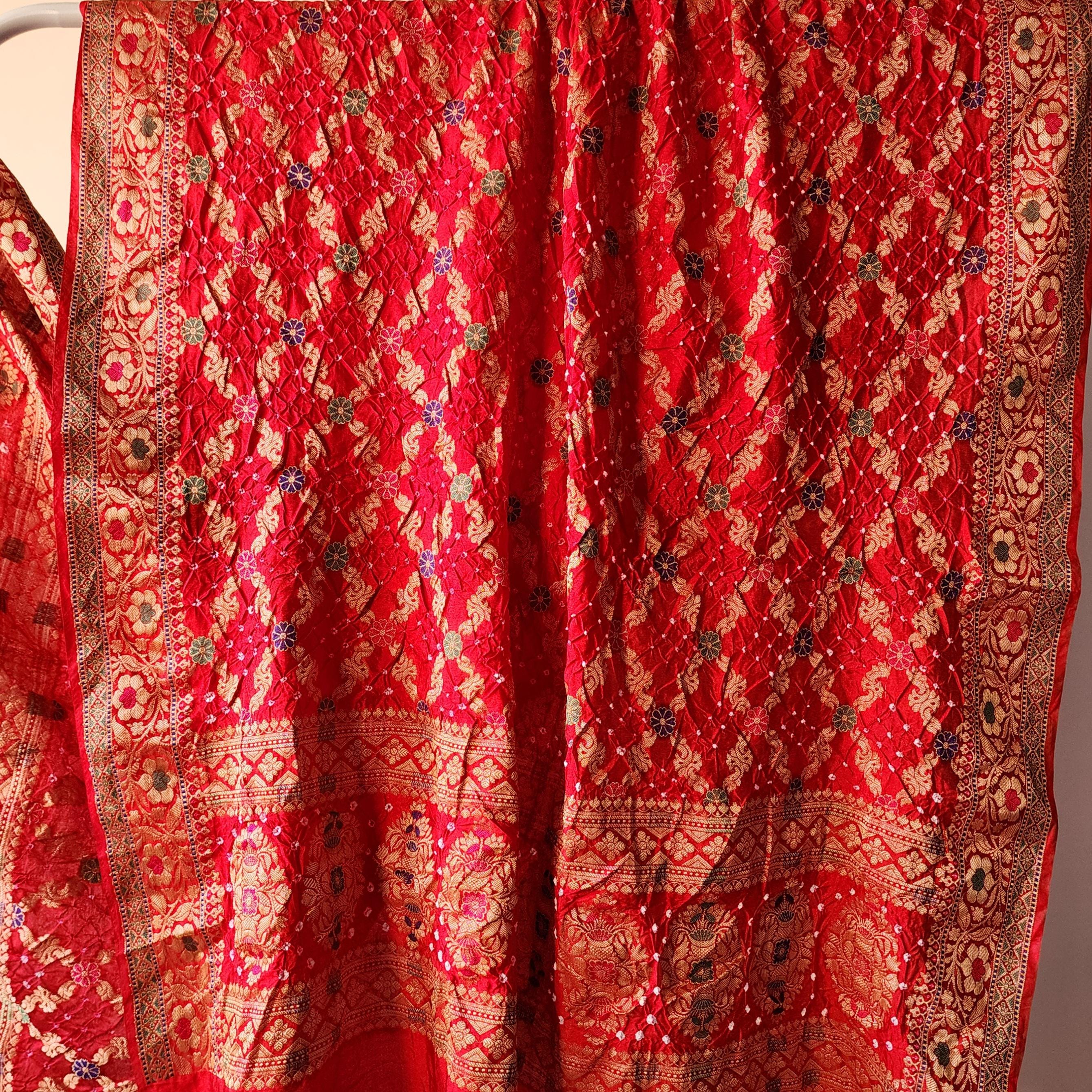 Rich Red Bandhni dupatta with Banarasi Meenakari work