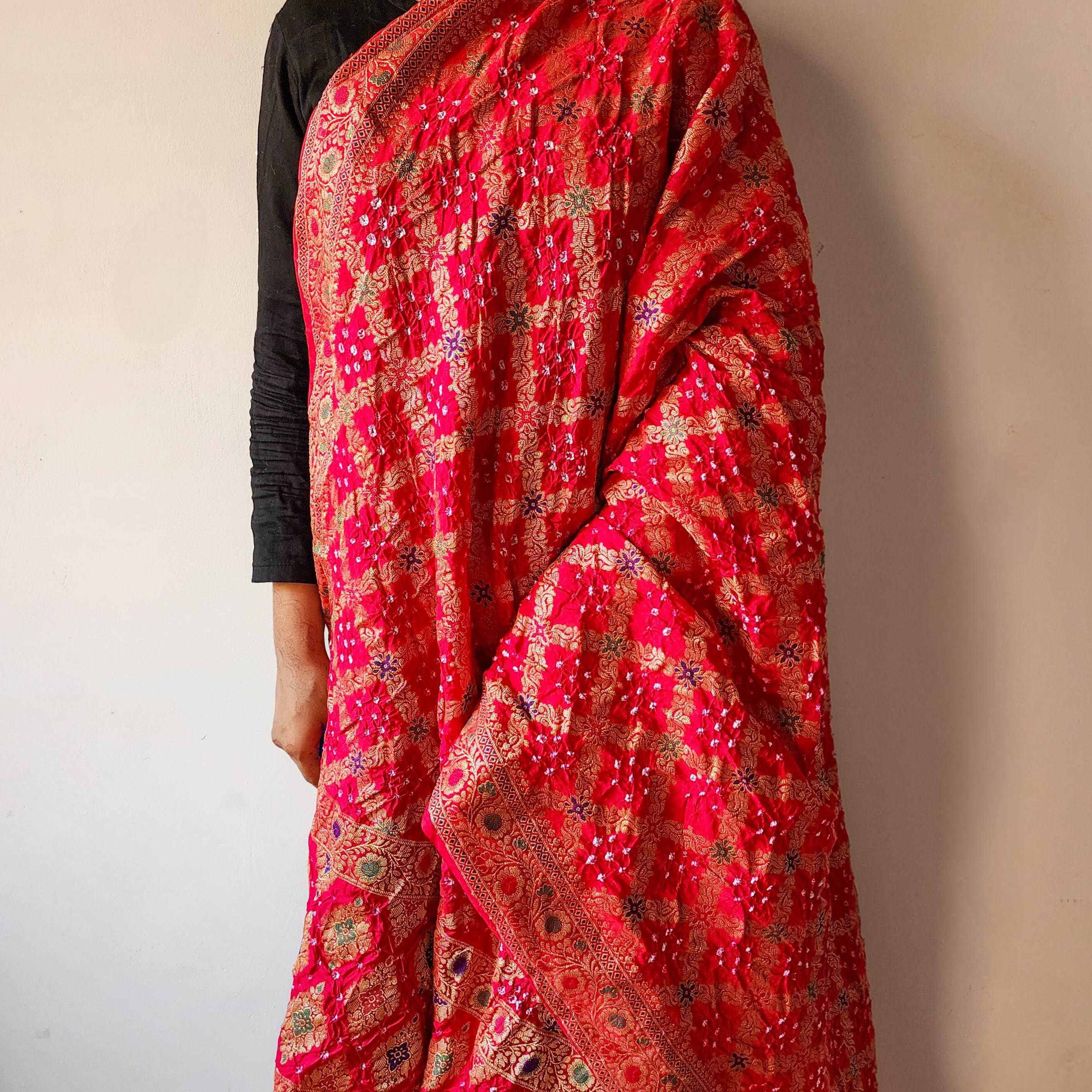 Rani Pink Bandhni dupatta with Banarasi Meenakari work