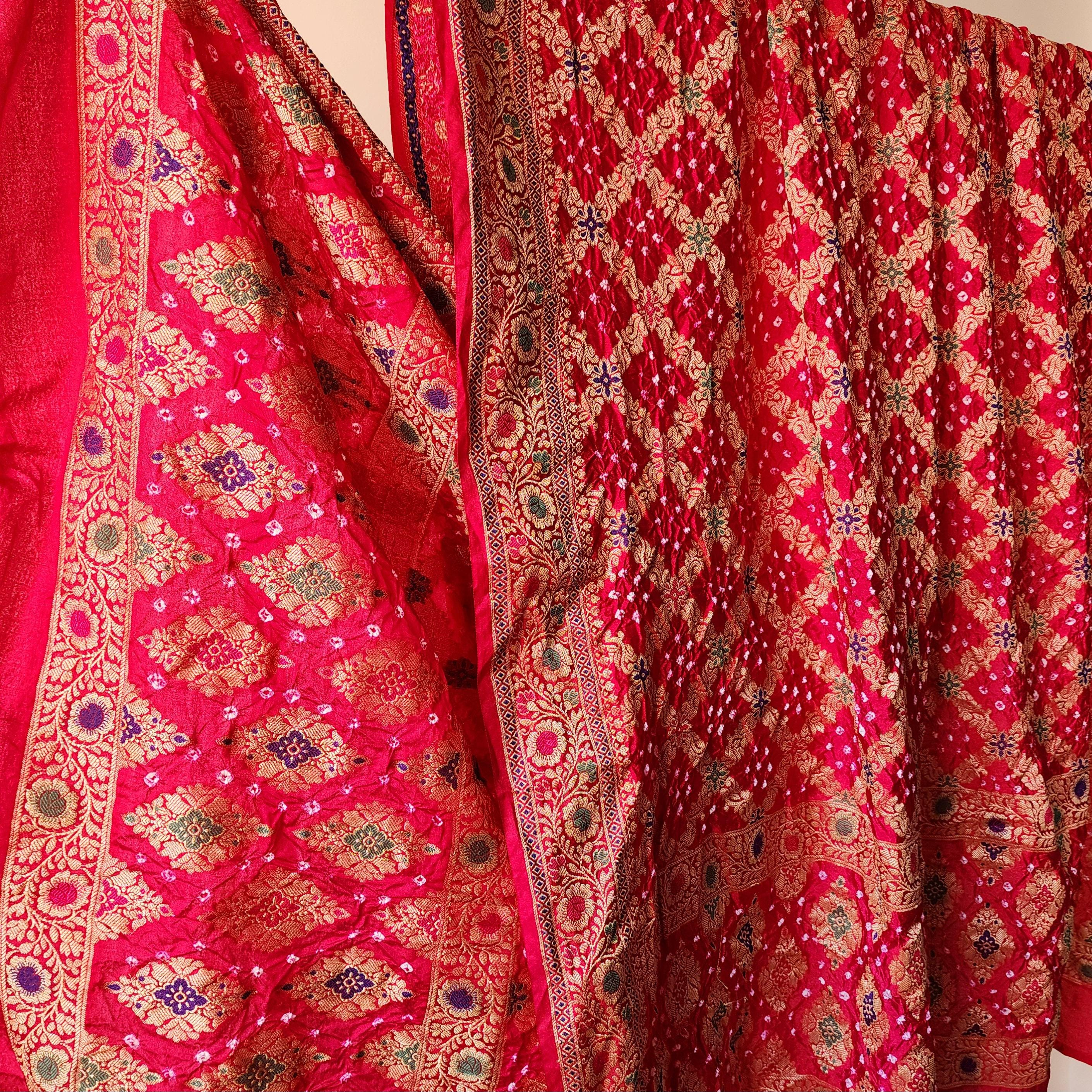 Rani Pink Bandhni dupatta with Banarasi Meenakari work