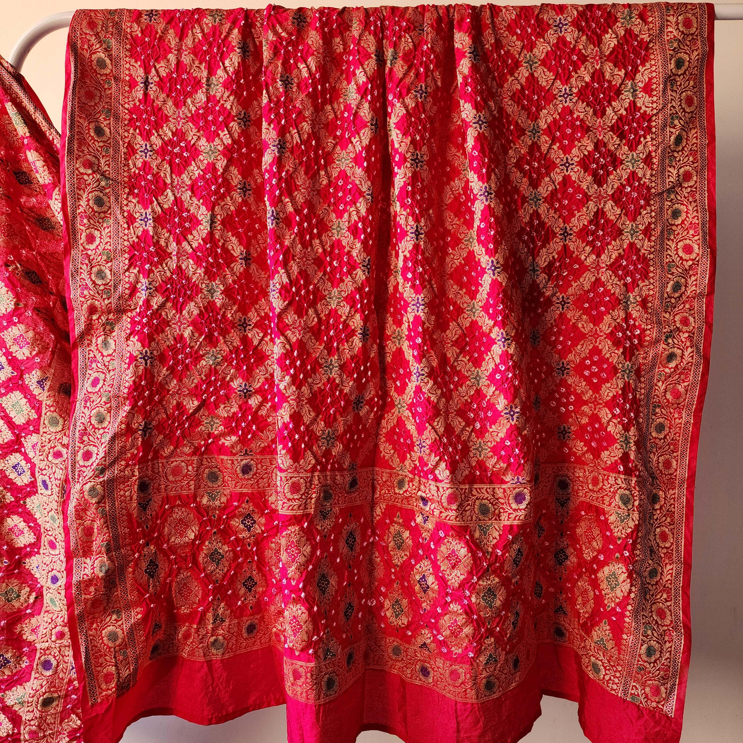 Rani Pink Bandhni dupatta with Banarasi Meenakari work
