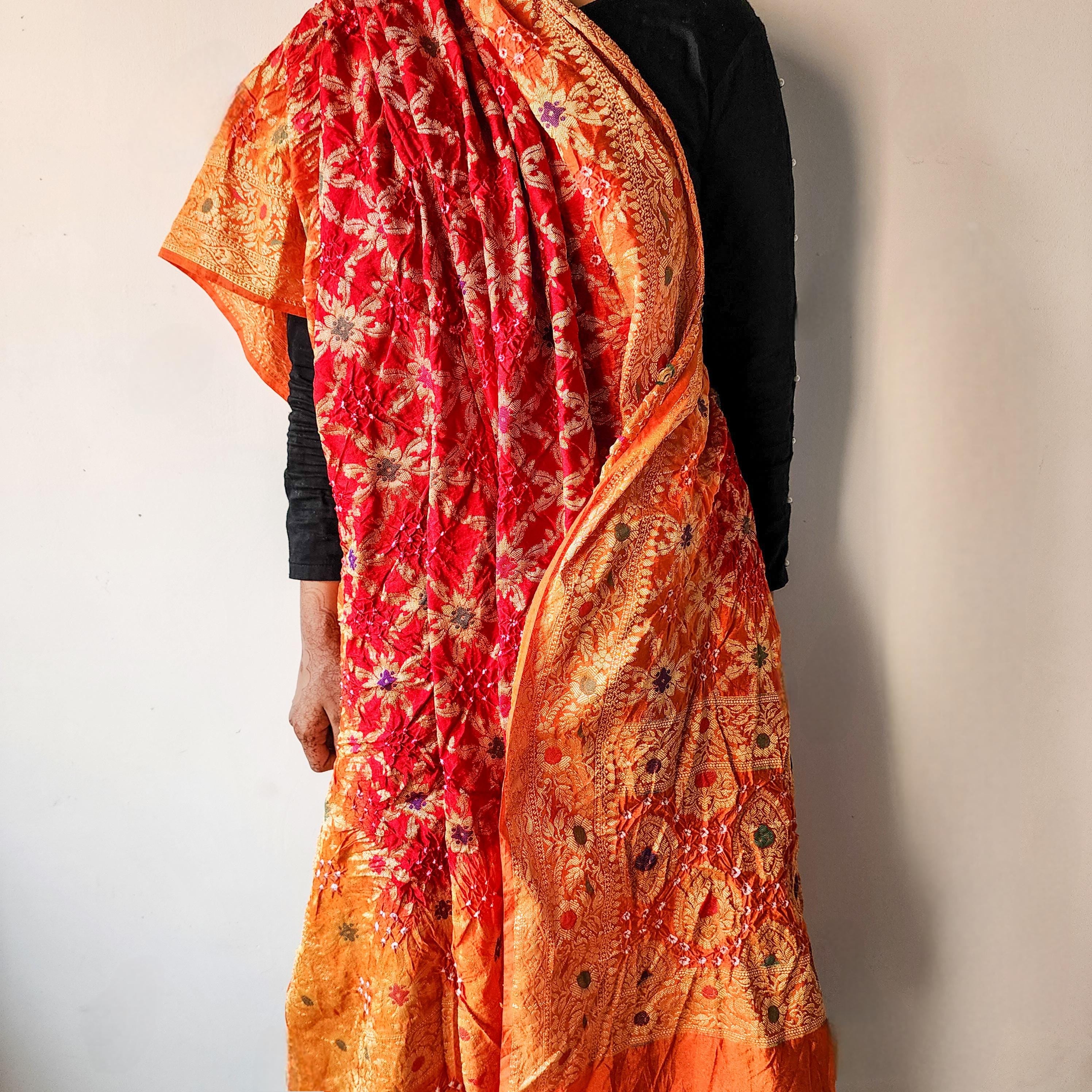 Dual-Tone Maroon-Orange Bandhni Dupatta with Golden Border & Banarasi Meenakari Work