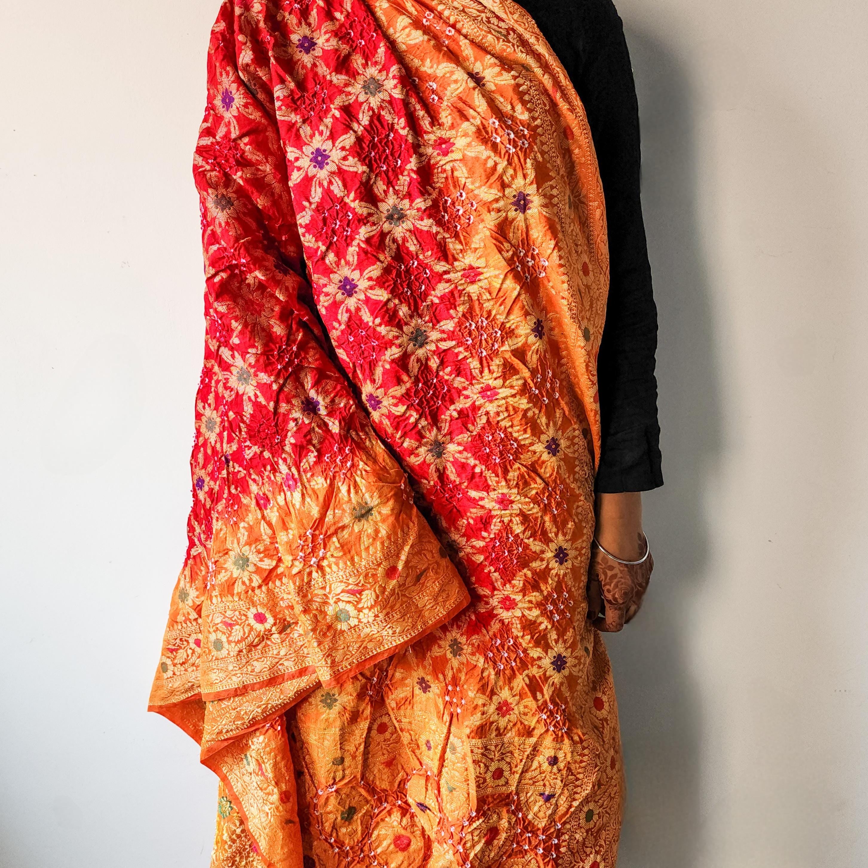 Dual-Tone Maroon-Orange Bandhni Dupatta with Golden Border & Banarasi Meenakari Work