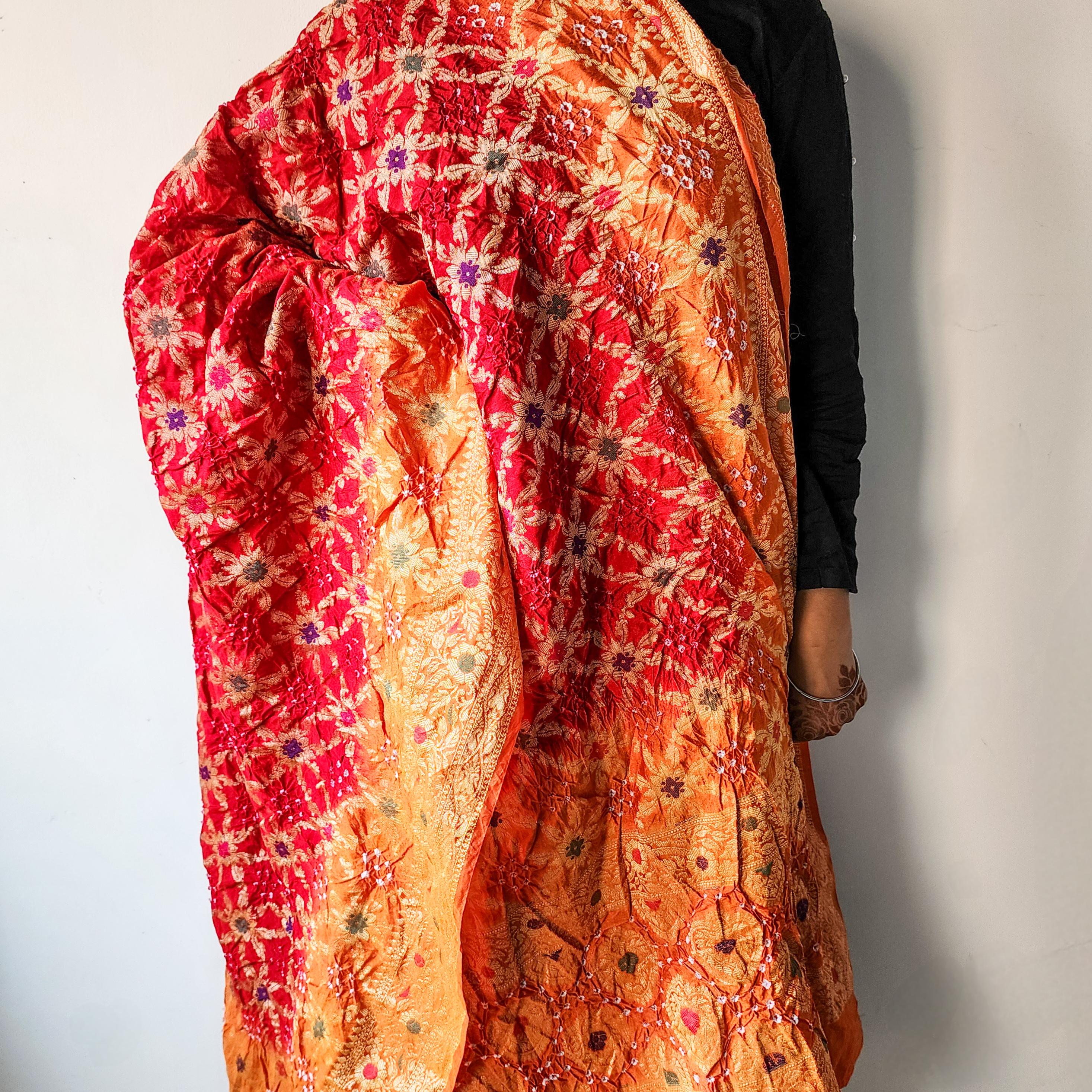 Dual-Tone Maroon-Orange Bandhni Dupatta with Golden Border & Banarasi Meenakari Work