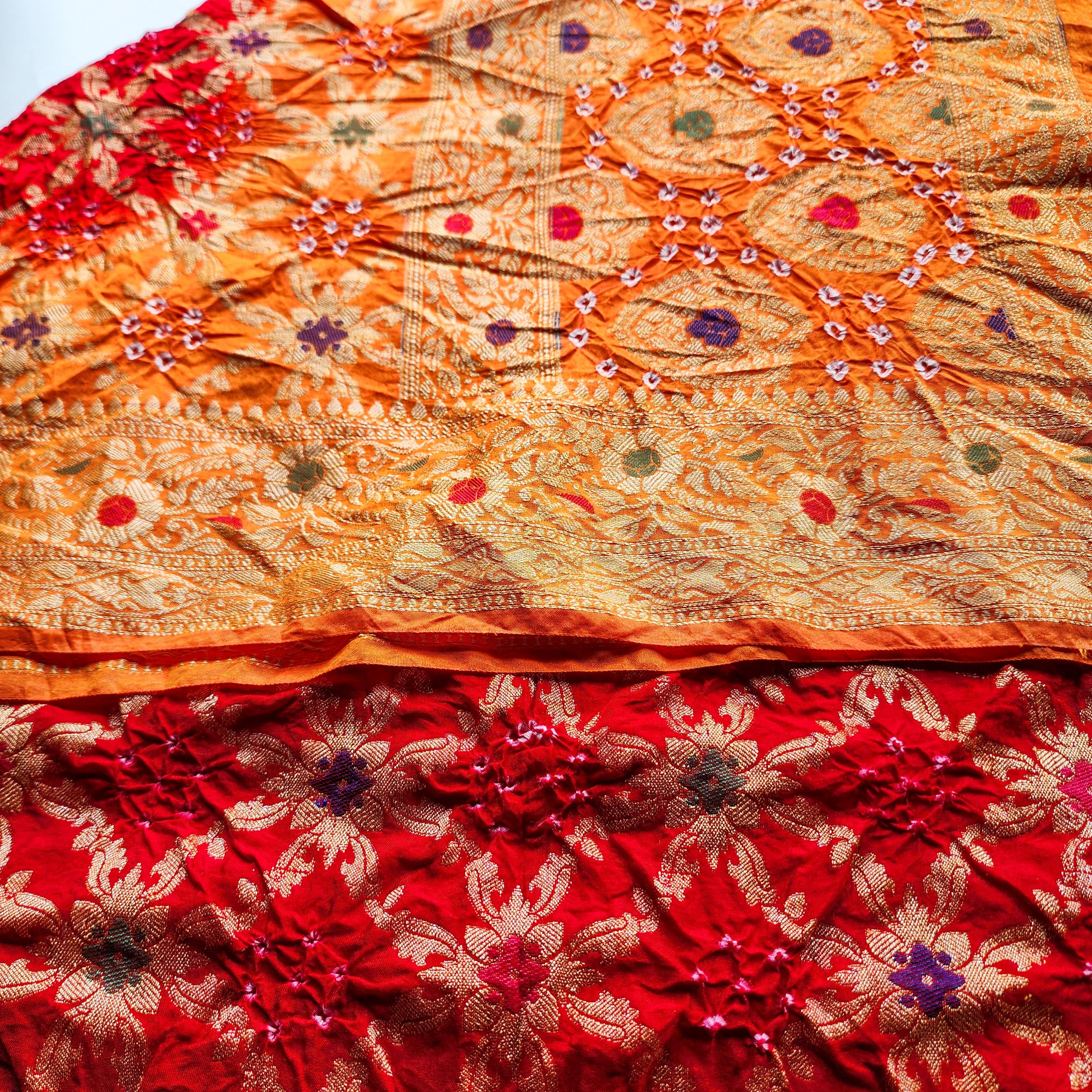 Dual-Tone Maroon-Orange Bandhni Dupatta with Golden Border & Banarasi Meenakari Work