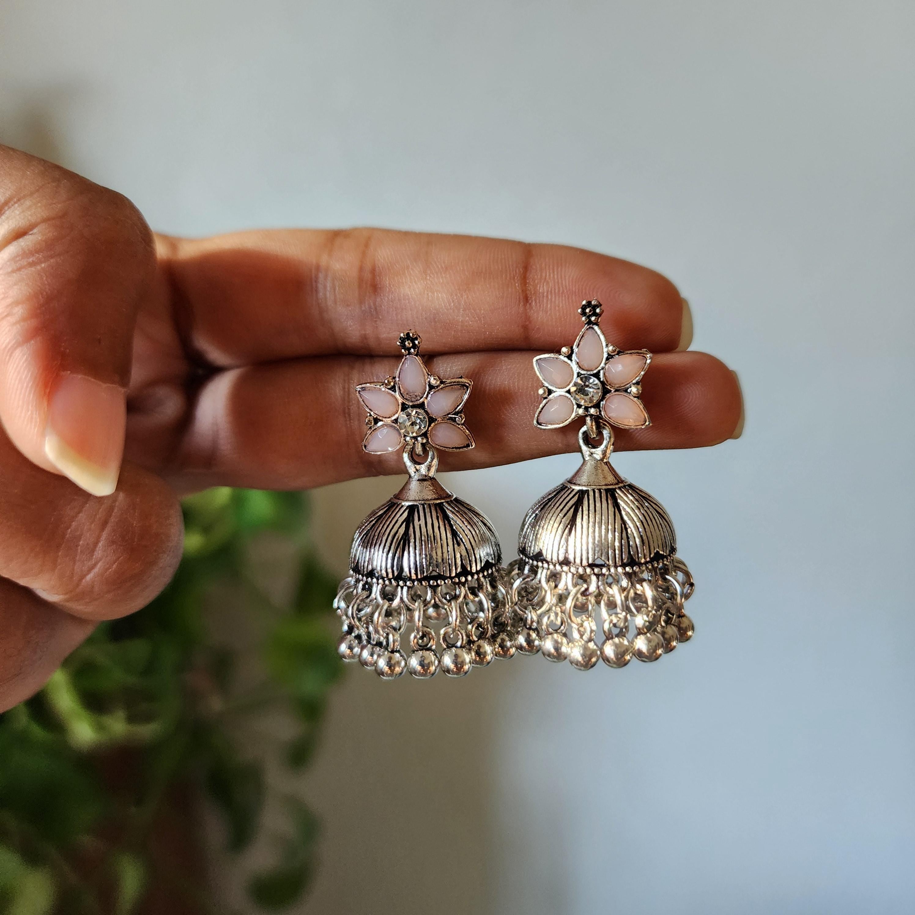 Silver Floral Jhumka Earrings Oxidized Indian Festive Jewelry