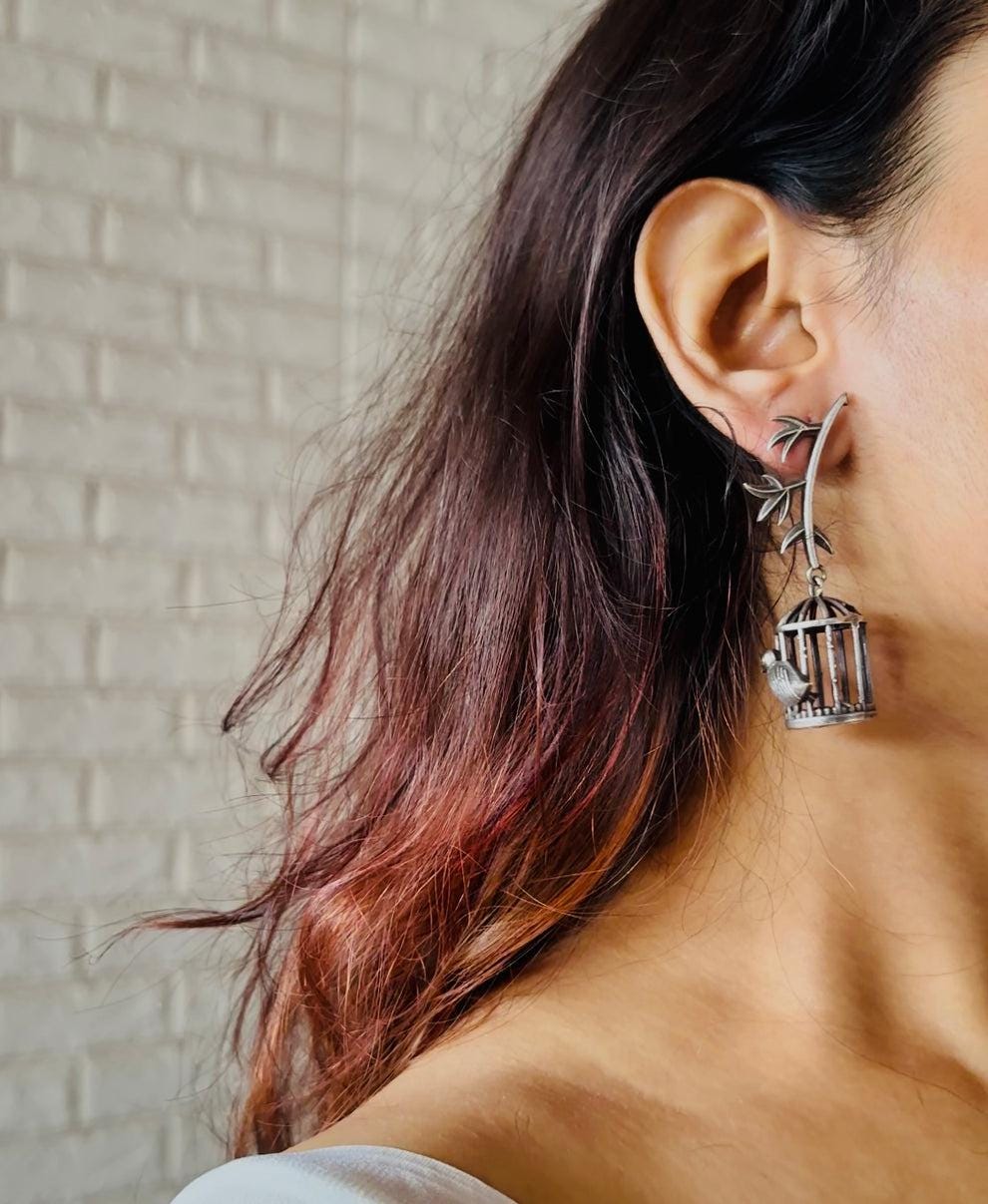 Artistic Oxidized Silver Pinjara Cage Earrings with Unique Hanging Birdcage Design for Statement Styling