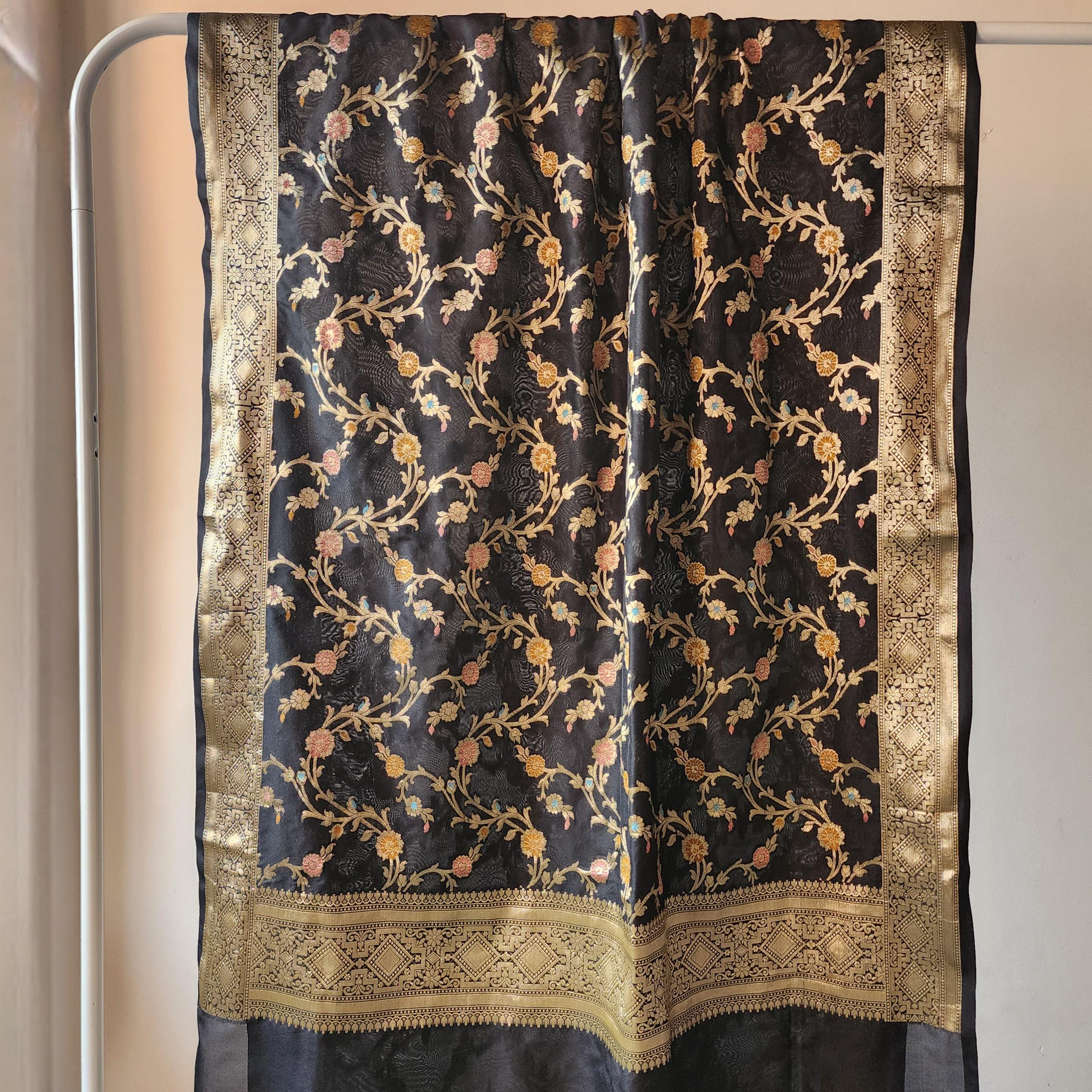 Black Banarasi Silk Dupatta with Gold Zari Border