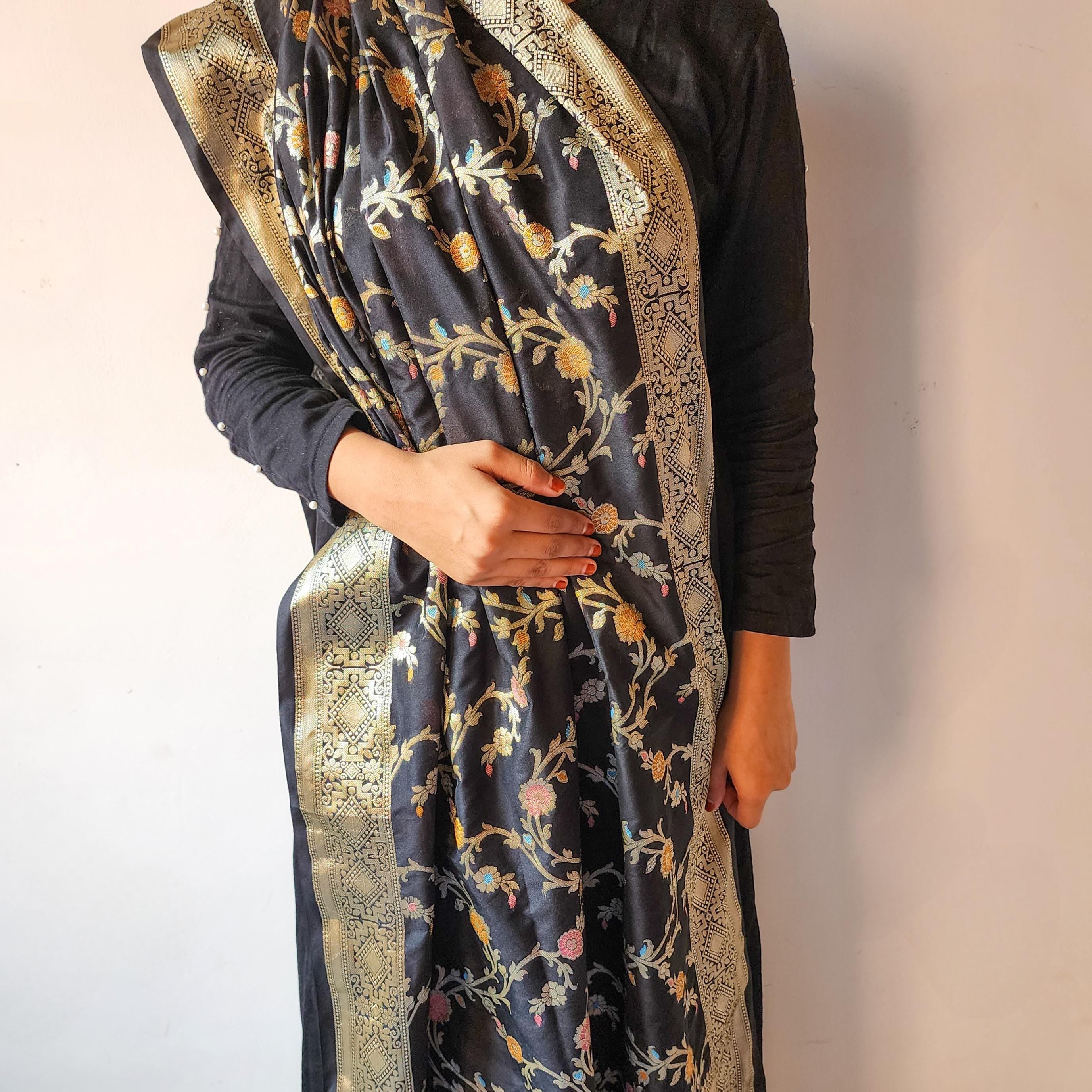 Black Banarasi Silk Dupatta with Gold Zari Border