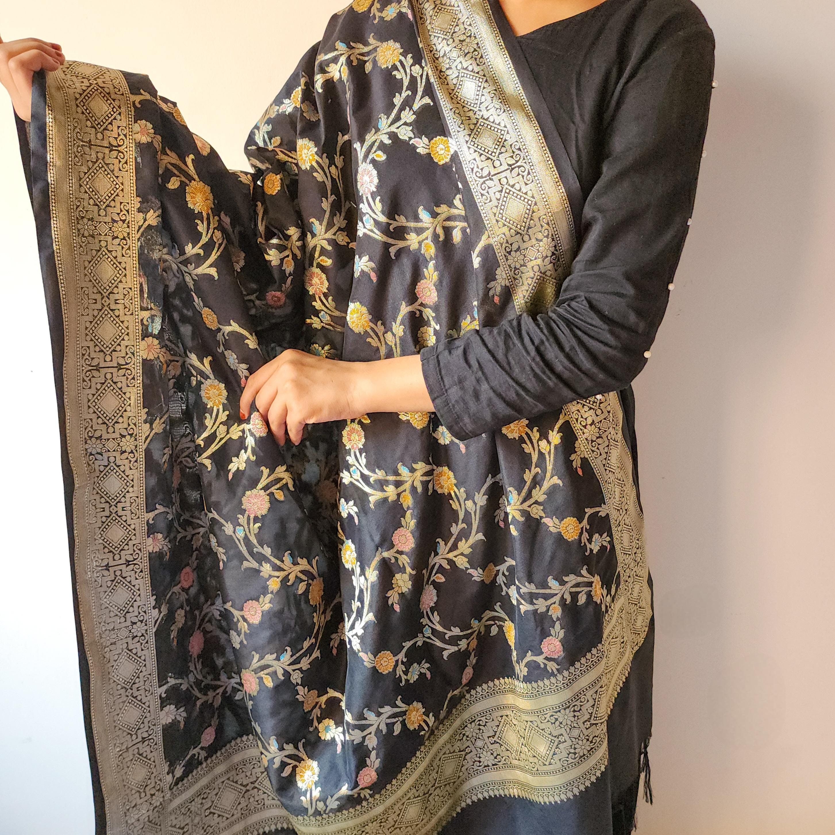 Black Banarasi Silk Dupatta with Gold Zari Border