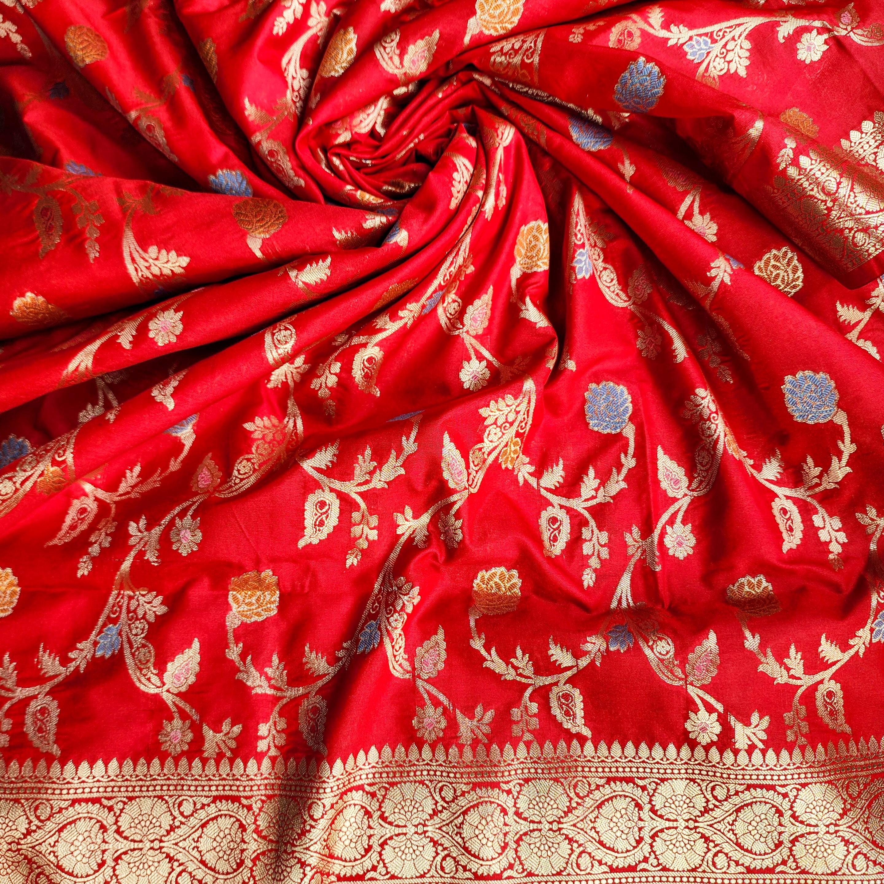 Bright Red Banarasi Silk Dupatta with Multicolor Meenakari and Festive Zari Work