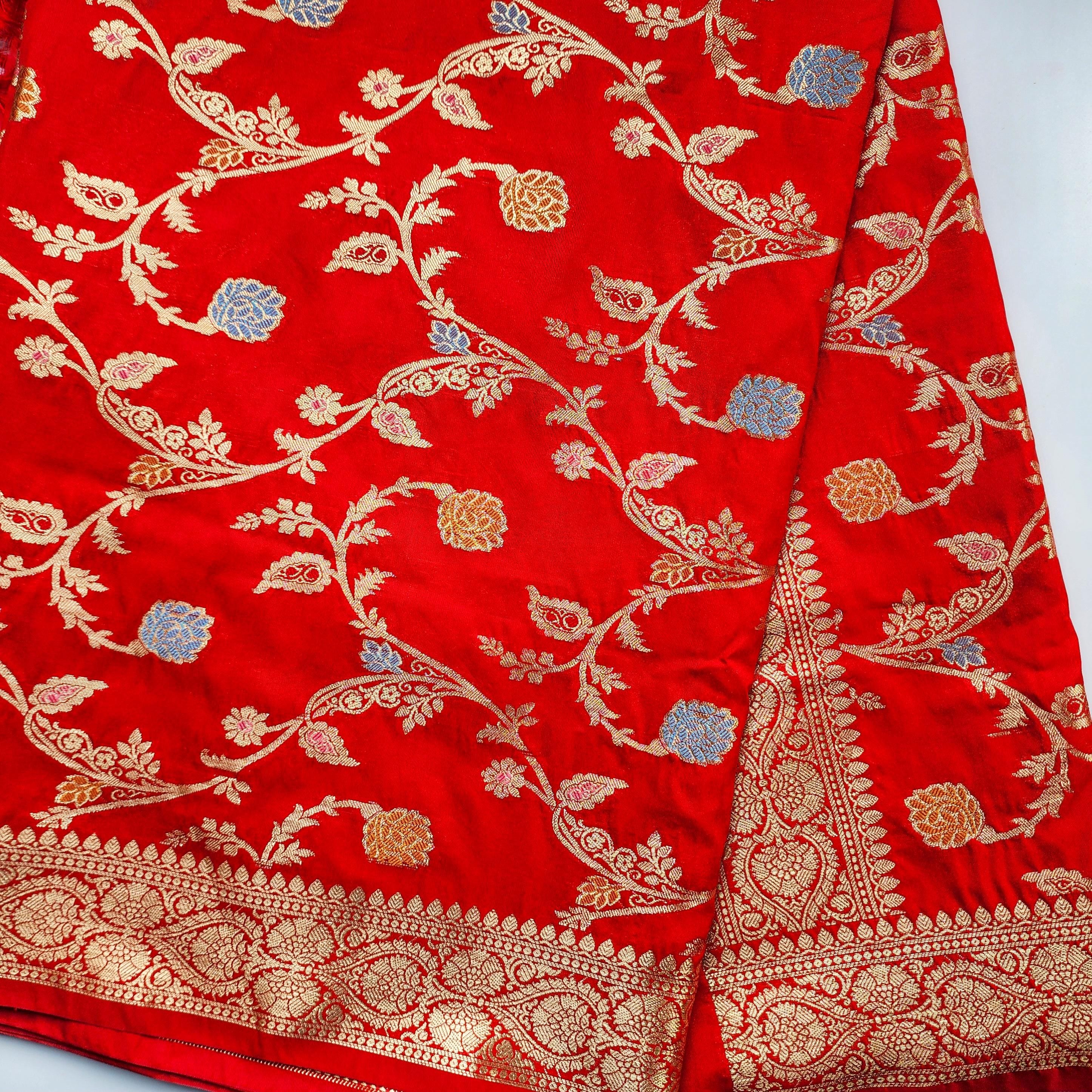 Bright Red Banarasi Silk Dupatta with Multicolor Meenakari and Festive Zari Work