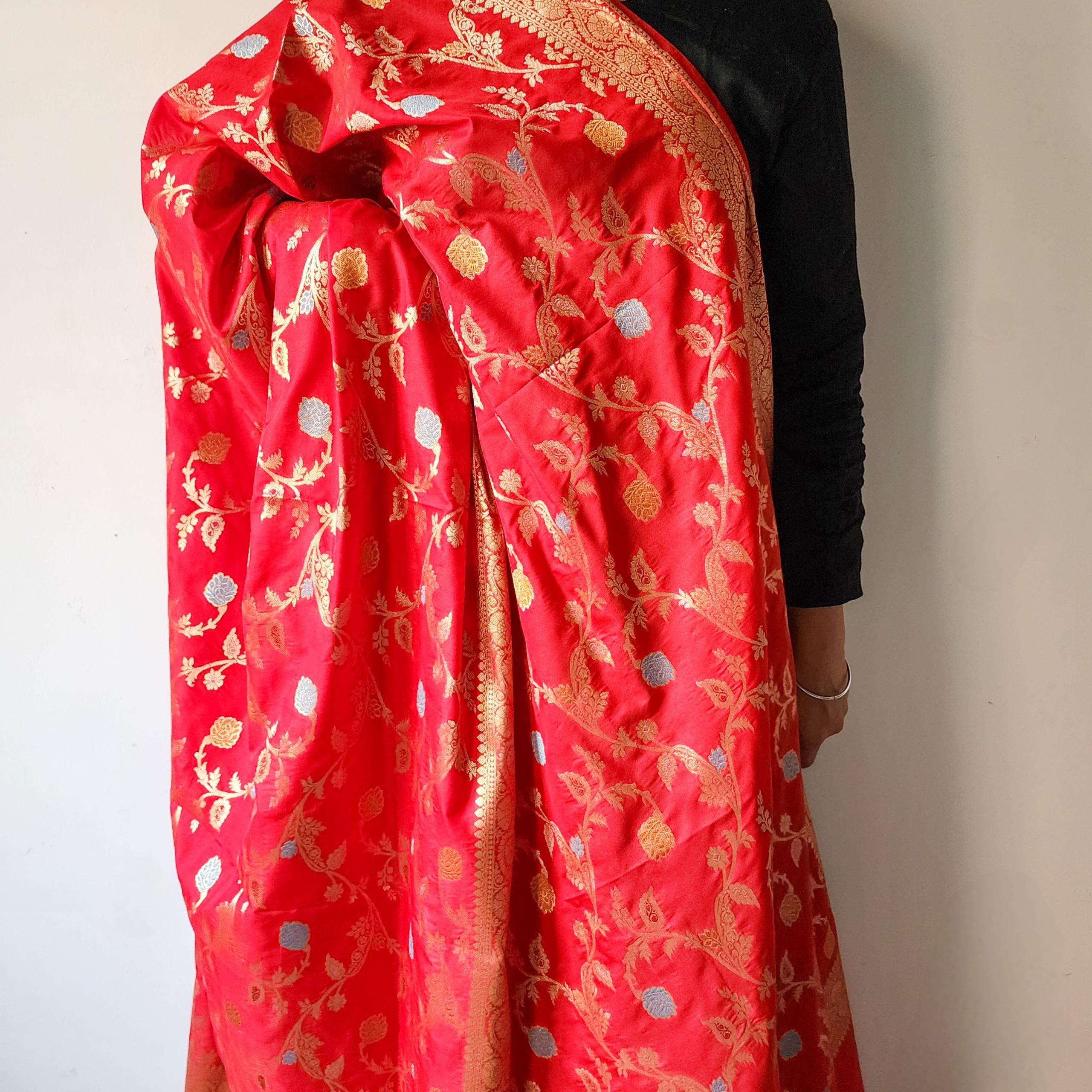 Bright Red Banarasi Silk Dupatta with Multicolor Meenakari and Festive Zari Work