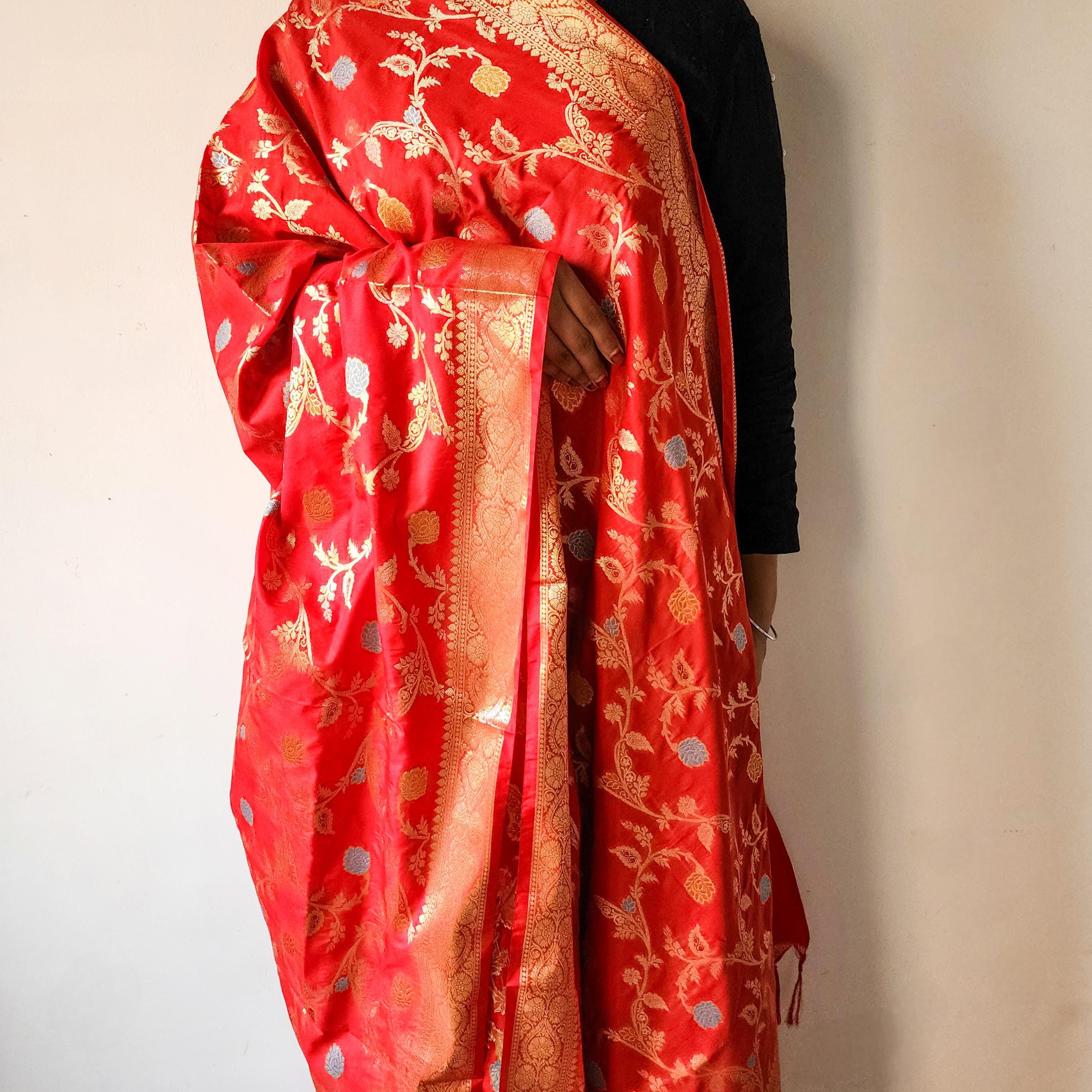 Bright Red Banarasi Silk Dupatta with Multicolor Meenakari and Festive Zari Work