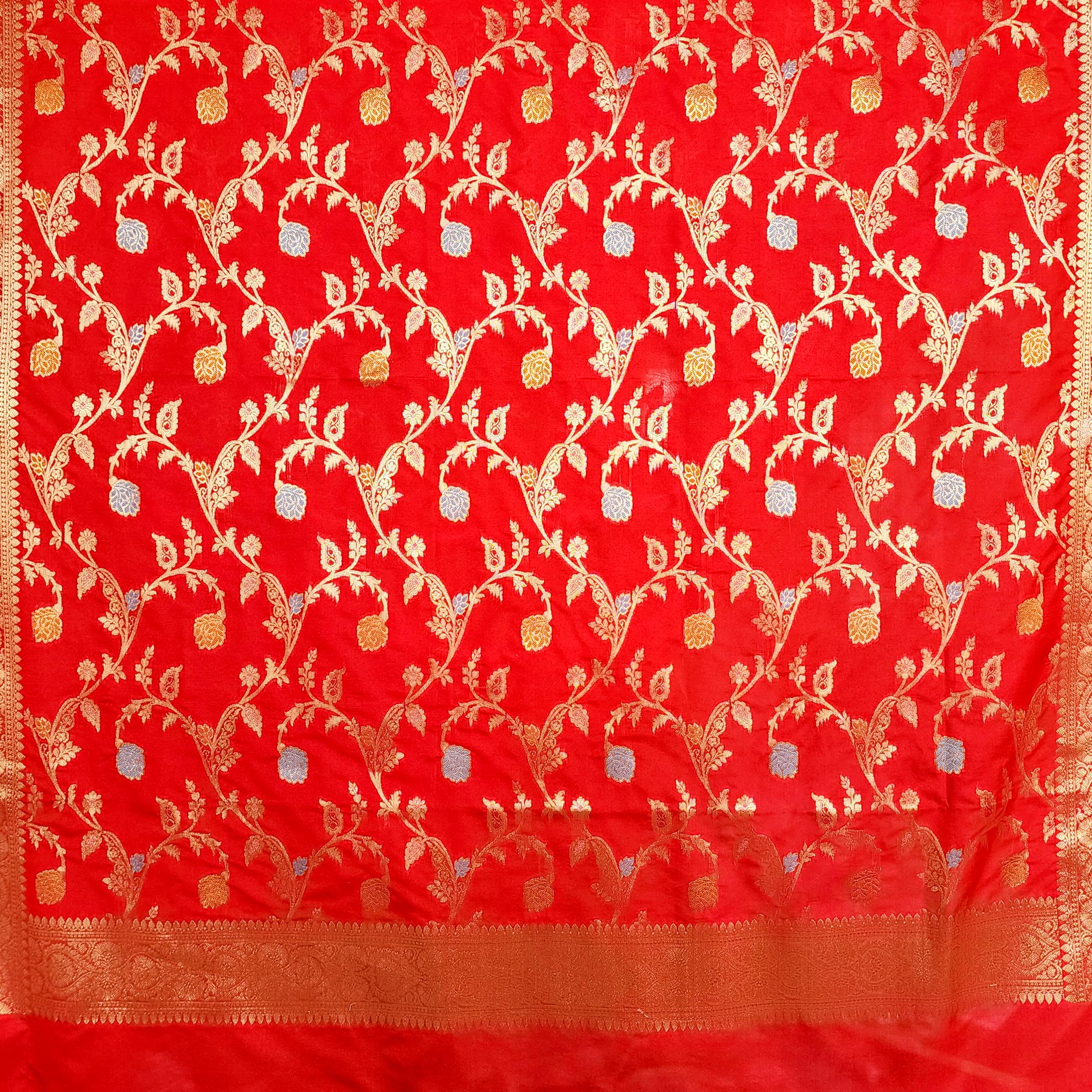 Bright Red Banarasi Silk Dupatta with Multicolor Meenakari and Festive Zari Work