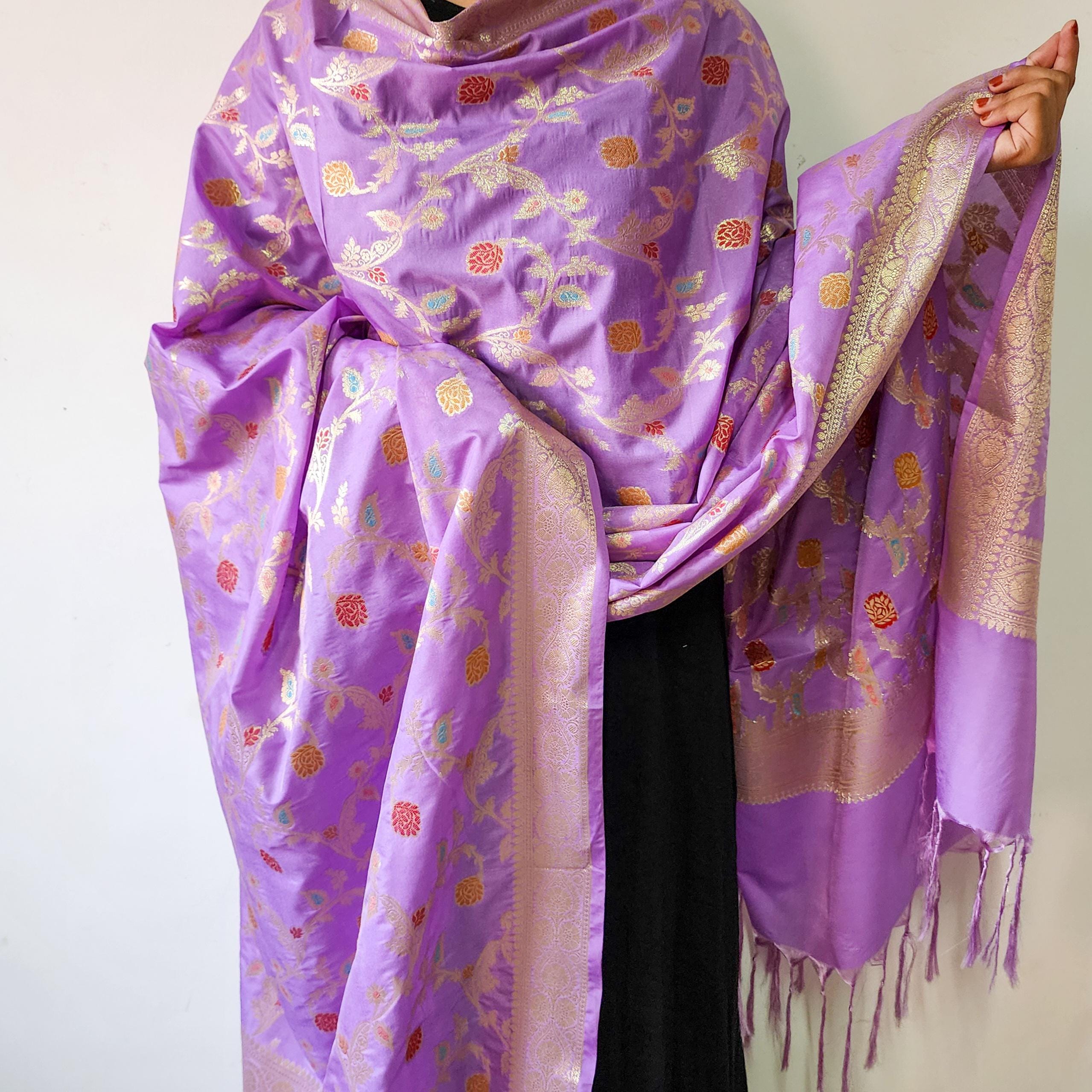 Baby Pink Banarasi Silk Dupatta with Elegant Multicolor Meenakari and Zari Border