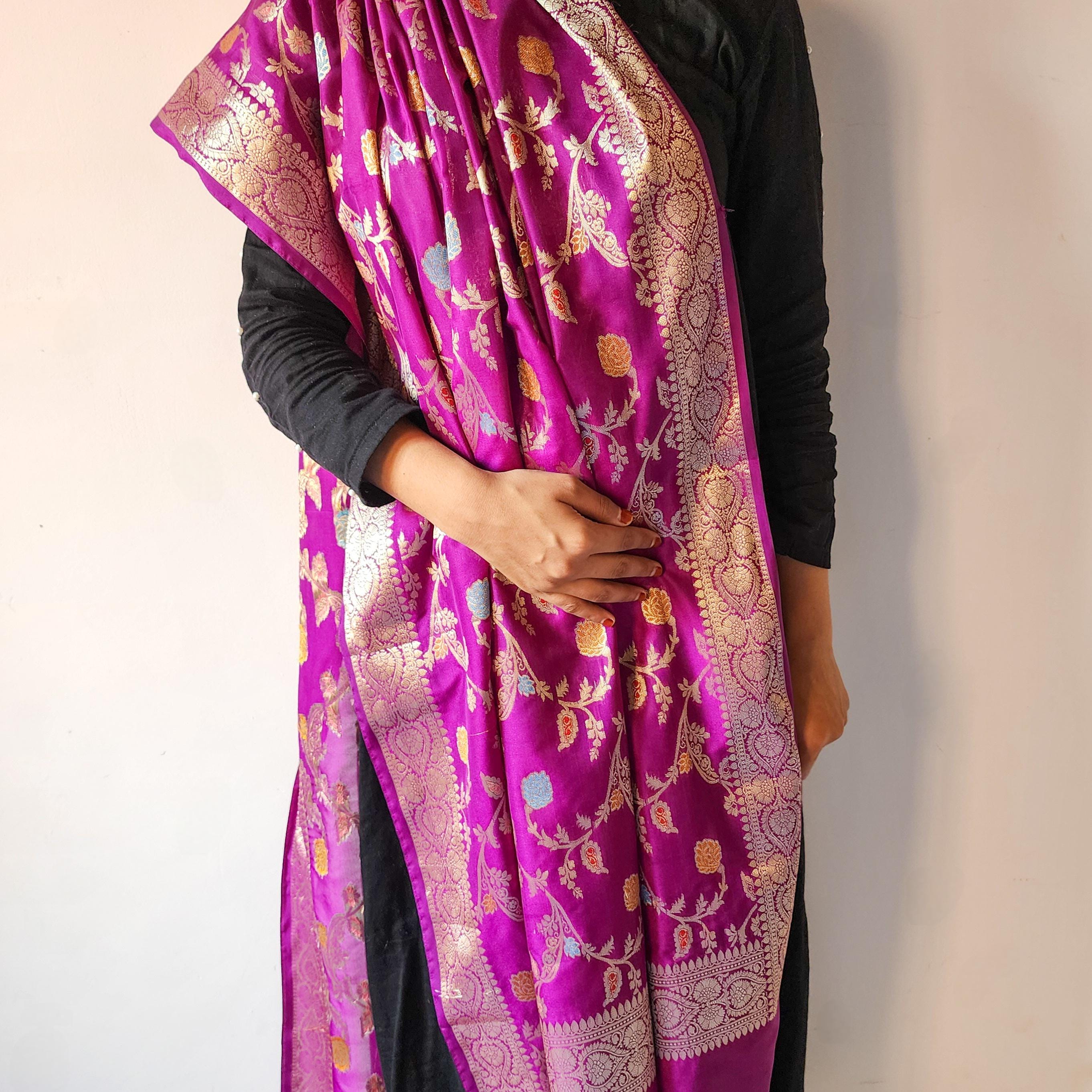 Purple Banarasi Silk Dupatta with Gold Zari Border & Multicolor Meenakari Work