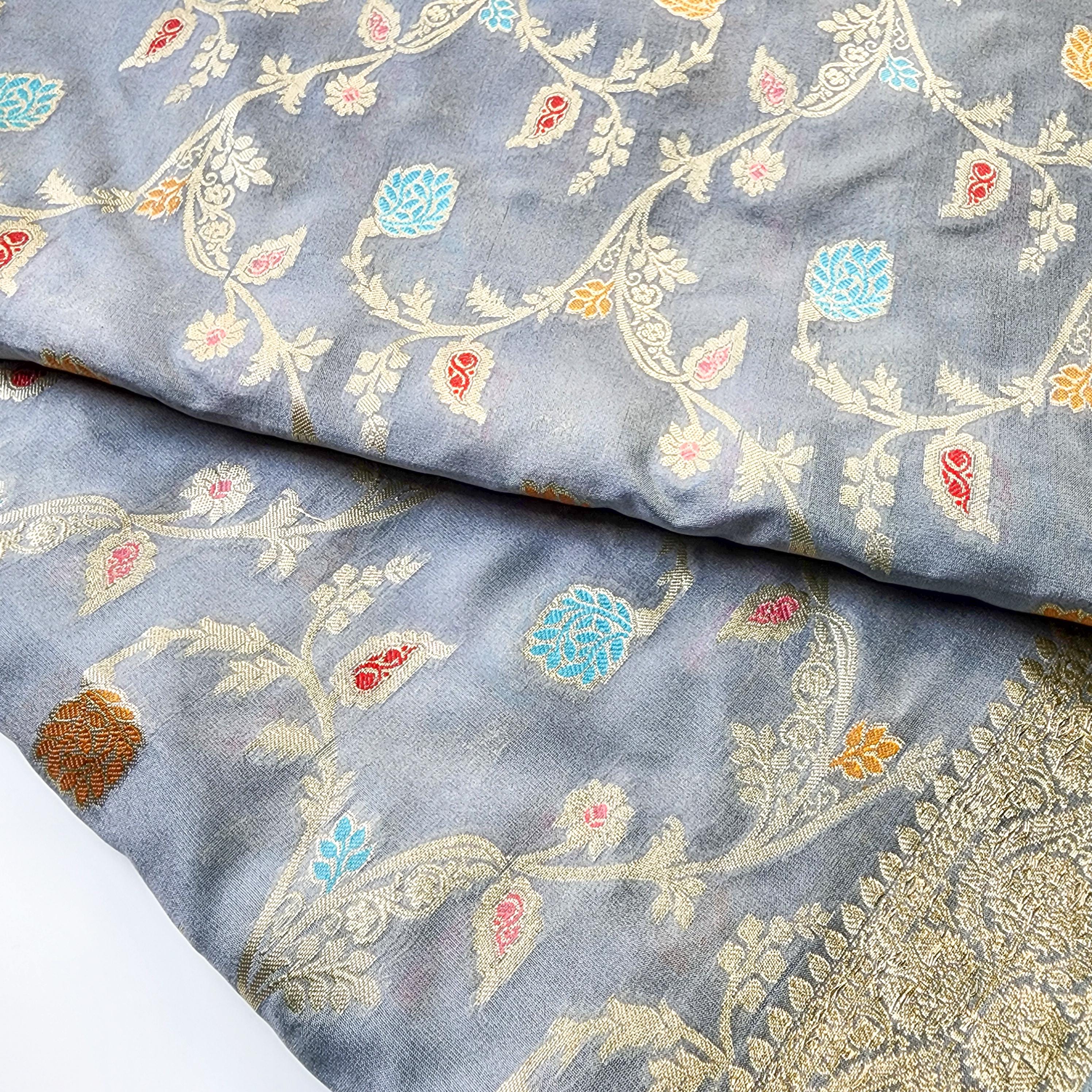 Greyish Sky Blue Banarasi Silk Dupatta with Gold Zari Border & Multicolor Meenakari Work